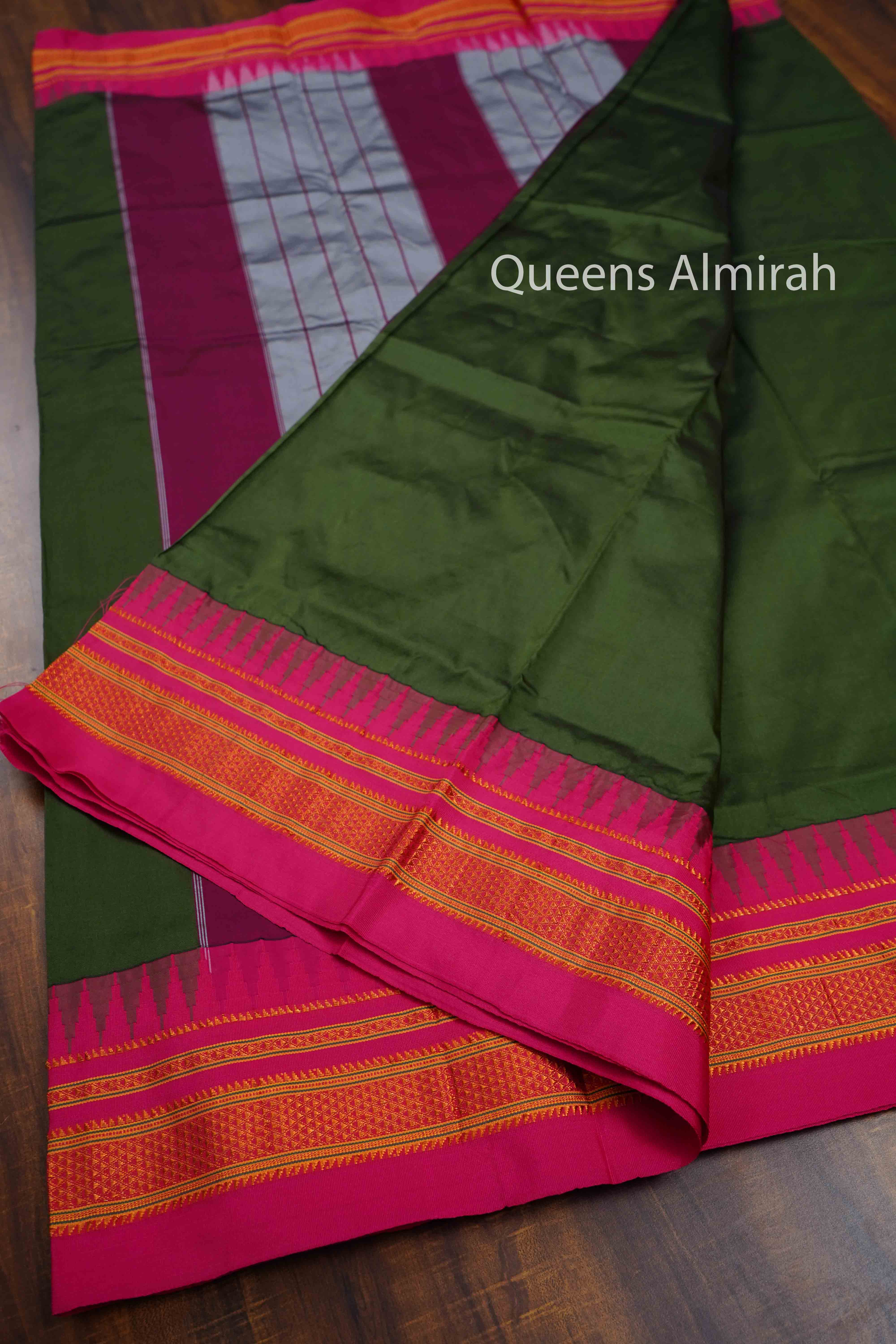 MINERAL GREEN WITH RASPBERRY PINK ILKAL SEMI SILK SAREE - Queens Jewel Emporium