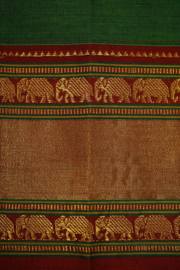 MOSS GREEN WITH RED BORDER NARAYANPET COTTON SAREE - Queens Jewel Emporium