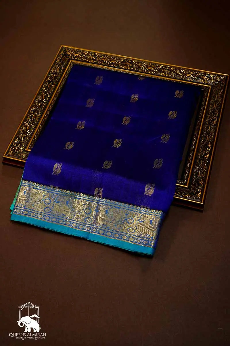 MS BLUE AND SEA GREEN KANCHI SILK COTTON SAREE - Queens Jewel Emporium