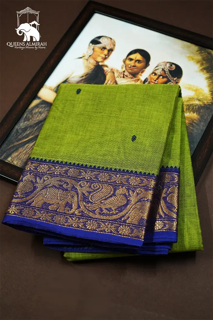MUDDY GREEN WITH DUSKY BLUE KANCHI COTTON SAREE - Queens Jewel Emporium