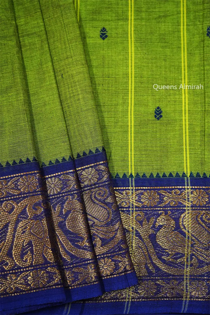 MUDDY GREEN WITH DUSKY BLUE KANCHI COTTON SAREE - Queens Jewel Emporium
