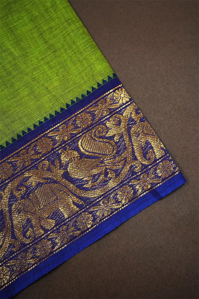 MUDDY GREEN WITH DUSKY BLUE KANCHI COTTON SAREE - Queens Jewel Emporium