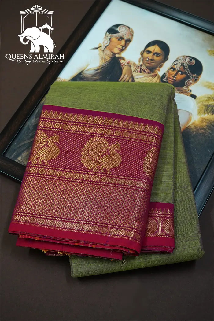 MUDDY GREEN WITH ROSE BUD CHERRY KANCHI COTTON SAREE - Queens Jewel Emporium