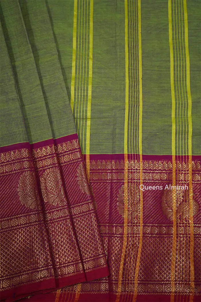 MUDDY GREEN WITH ROSE BUD CHERRY KANCHI COTTON SAREE - Queens Jewel Emporium