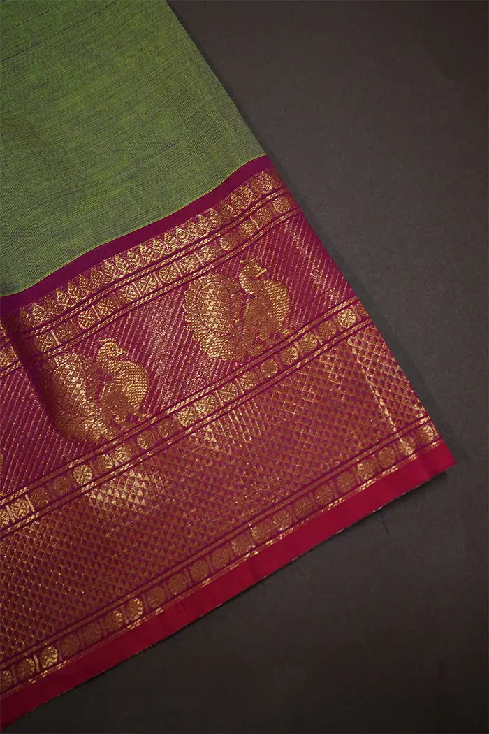 MUDDY GREEN WITH ROSE BUD CHERRY KANCHI COTTON SAREE - Queens Jewel Emporium