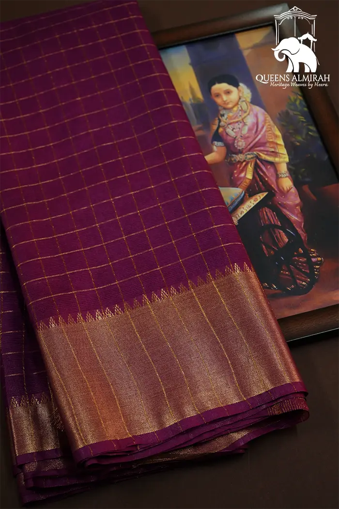 MULBERRY WOOD WITH CHECKS MANGALGIRI SAREE - Queens Jewel Emporium