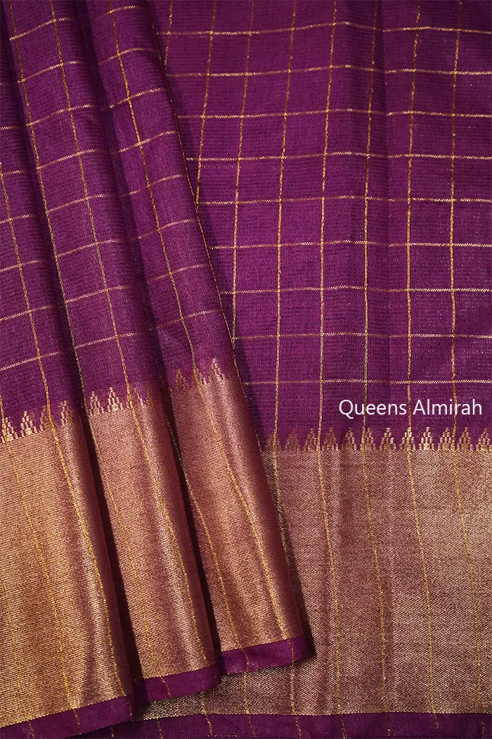 MULBERRY WOOD WITH CHECKS MANGALGIRI SAREE - Queens Jewel Emporium