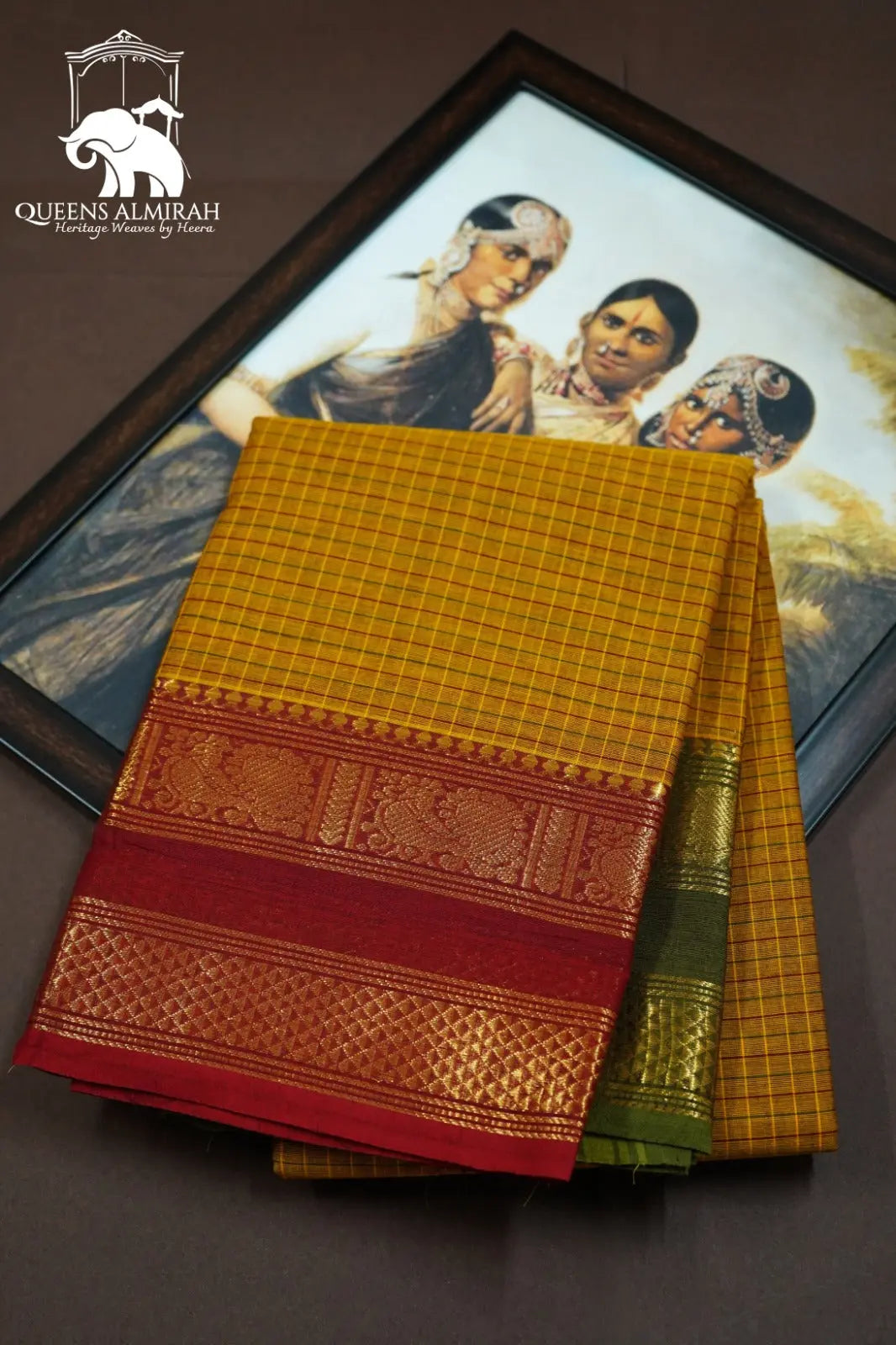 MUSTARD BROWN WITH PERSIAN PLUM KANCHI COTTON SAREE - Queens Jewel Emporium