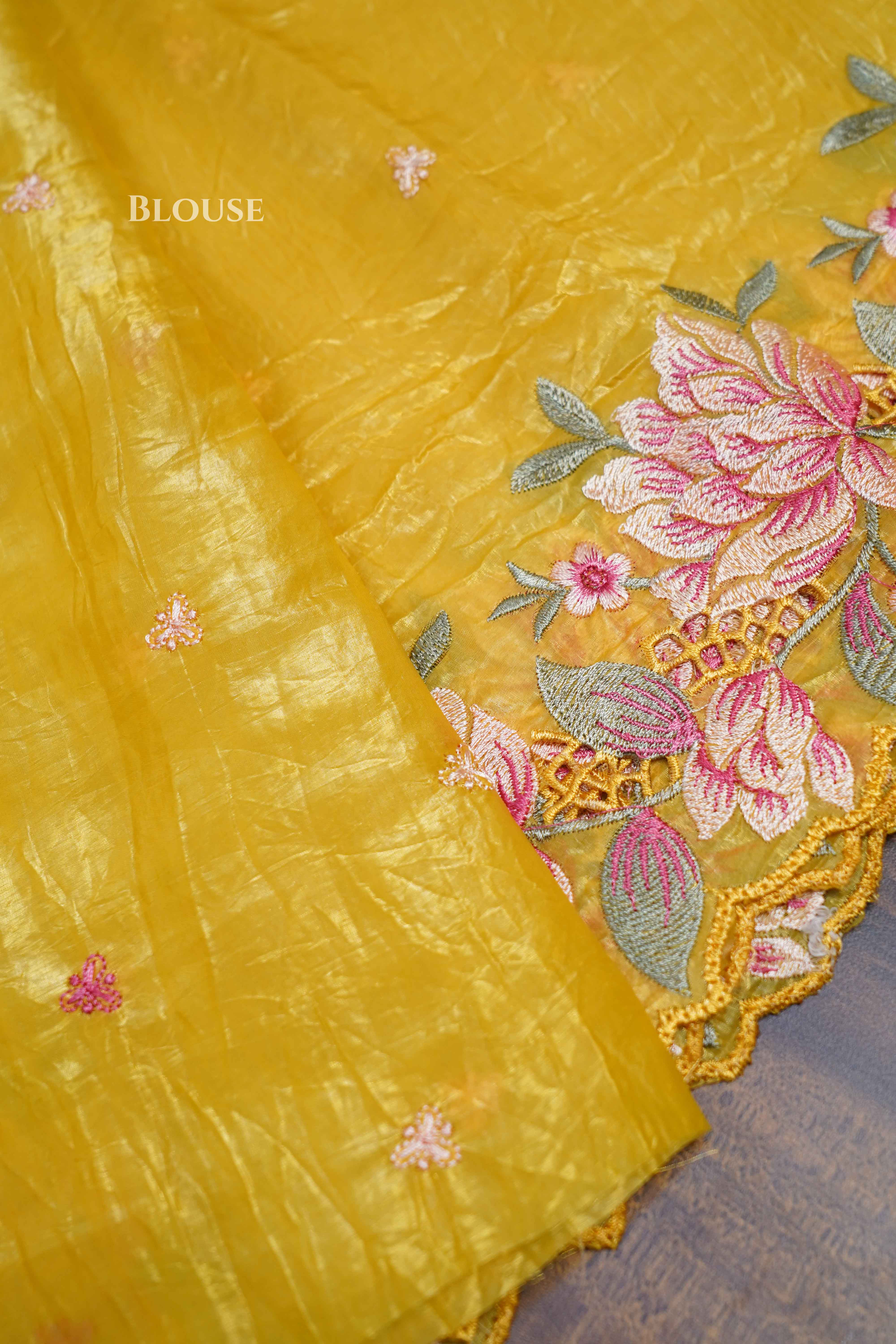MUSTARD YELLOW GLASS TISSUE SAREE - Queens Jewel Emporium