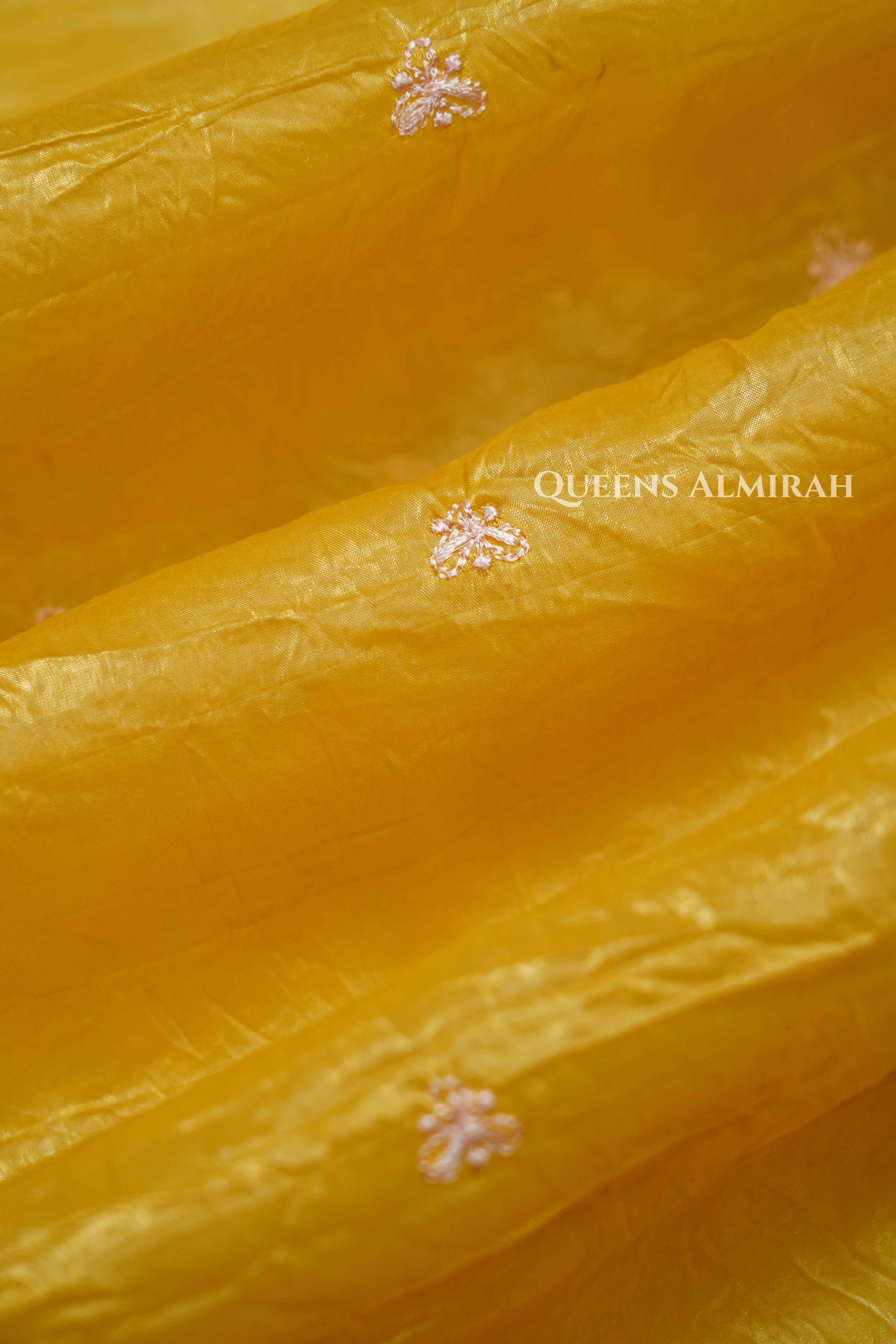 MUSTARD YELLOW GLASS TISSUE SAREE - Queens Jewel Emporium