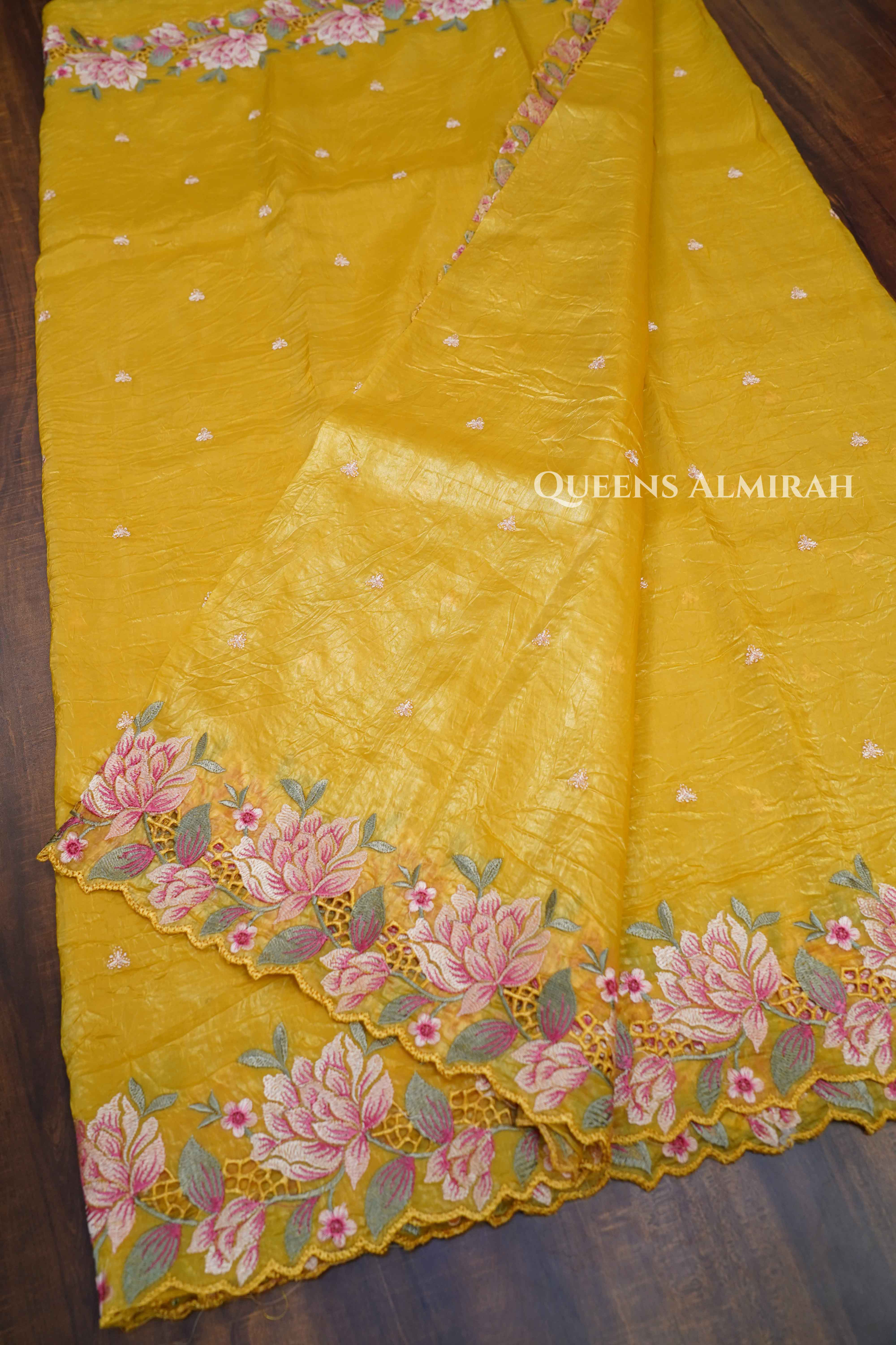 MUSTARD YELLOW GLASS TISSUE SAREE - Queens Jewel Emporium