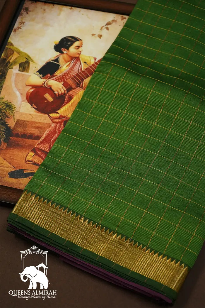 MUTED GREEN WITH DEEP LILAC MANGALGIRRI SAREE - Queens Jewel Emporium