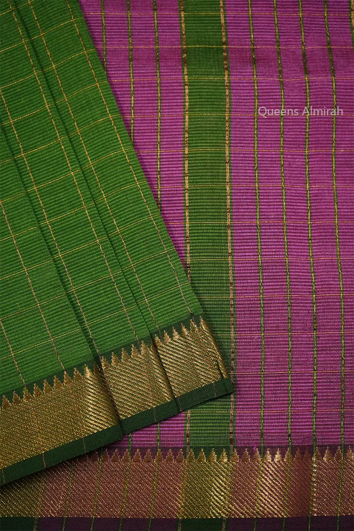 MUTED GREEN WITH DEEP LILAC MANGALGIRRI SAREE - Queens Jewel Emporium