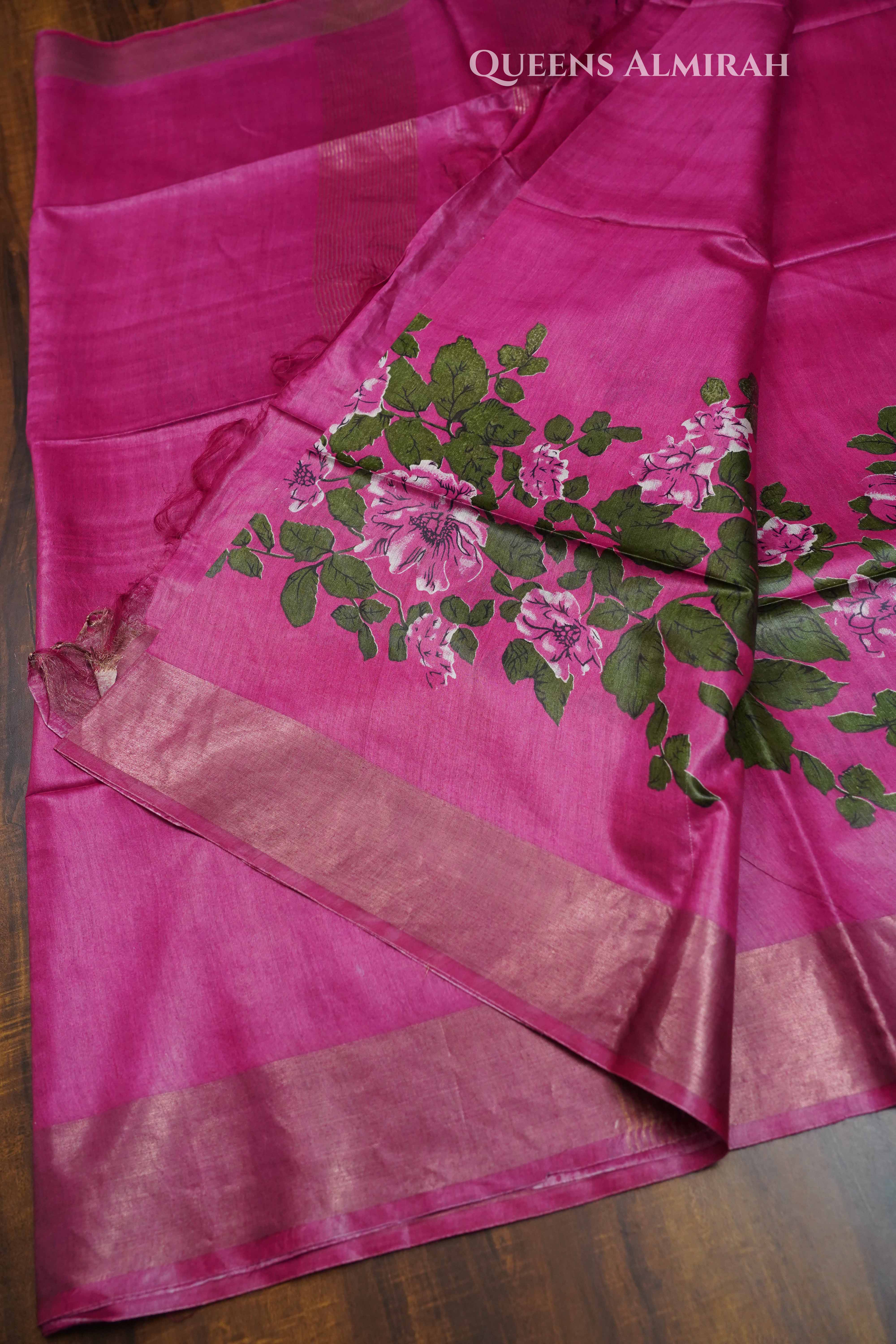 Magenta Pink Pure tussar silk Saree QUEENS ALMIRAH