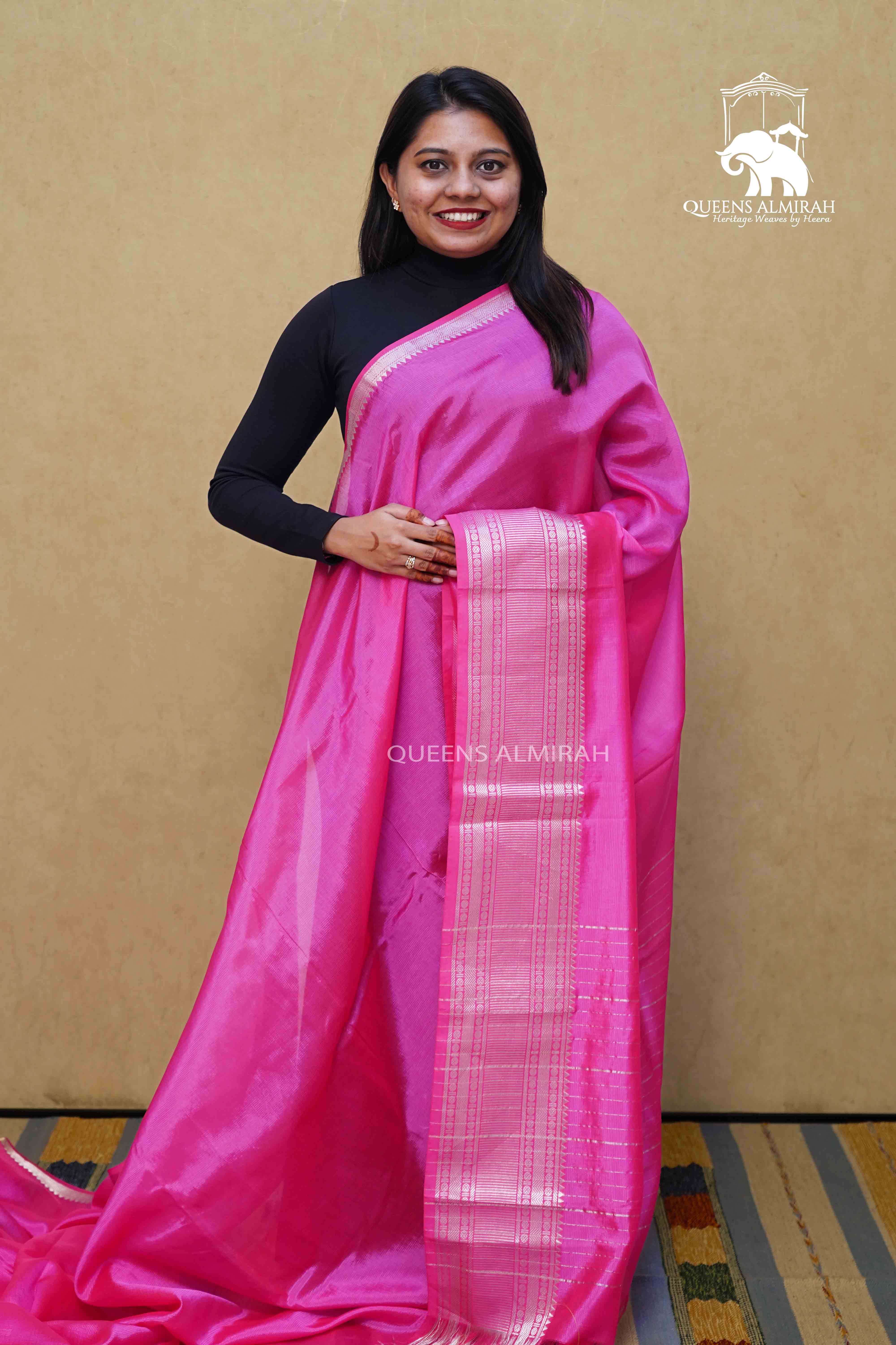 MAGENTA WIITH WOVEN BORDER MANGALGIRI SAREE - Queens Jewel Emporium