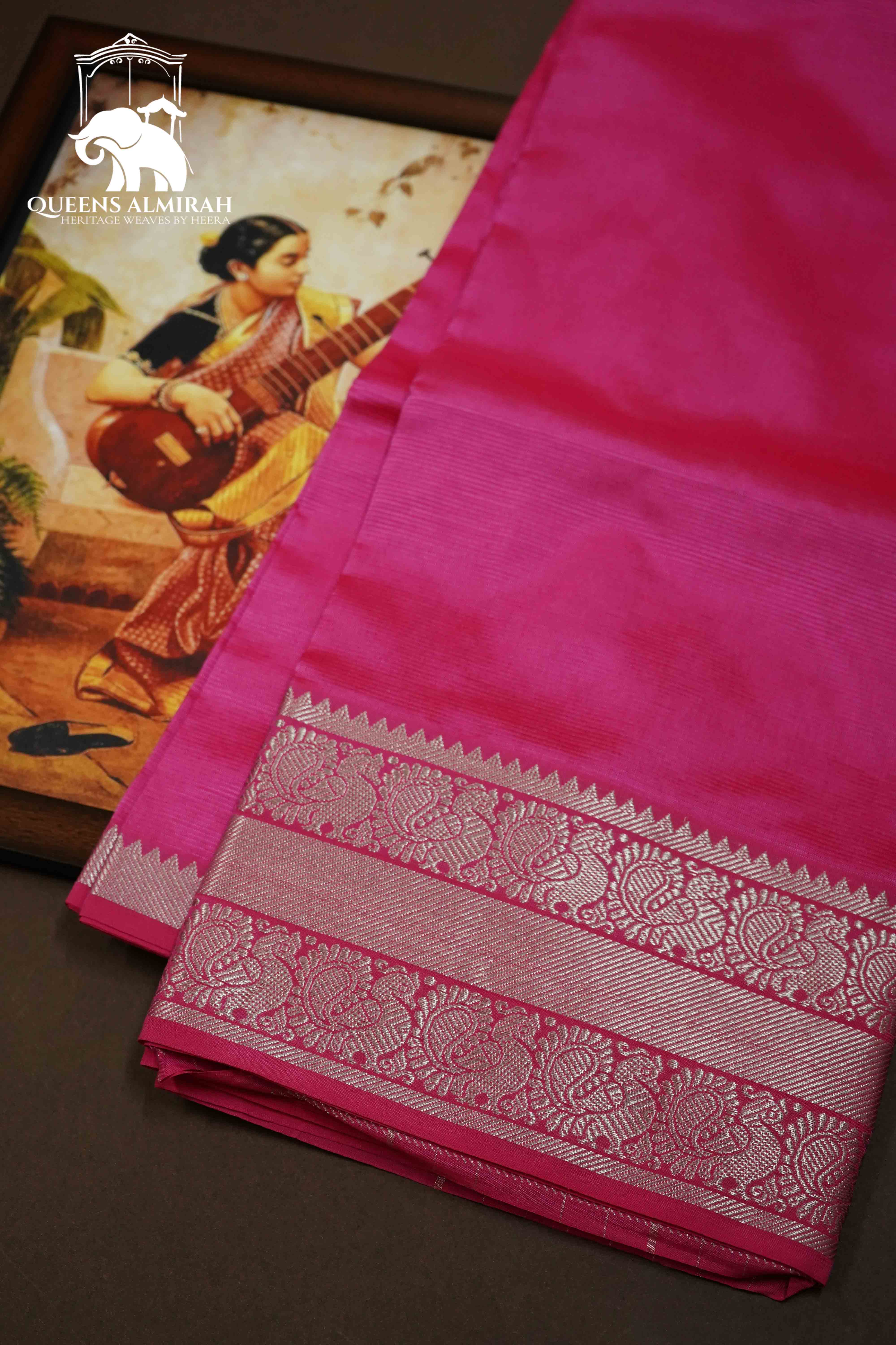 MAGENTA WIITH WOVEN BORDER MANGALGIRI SAREE - Queens Jewel Emporium