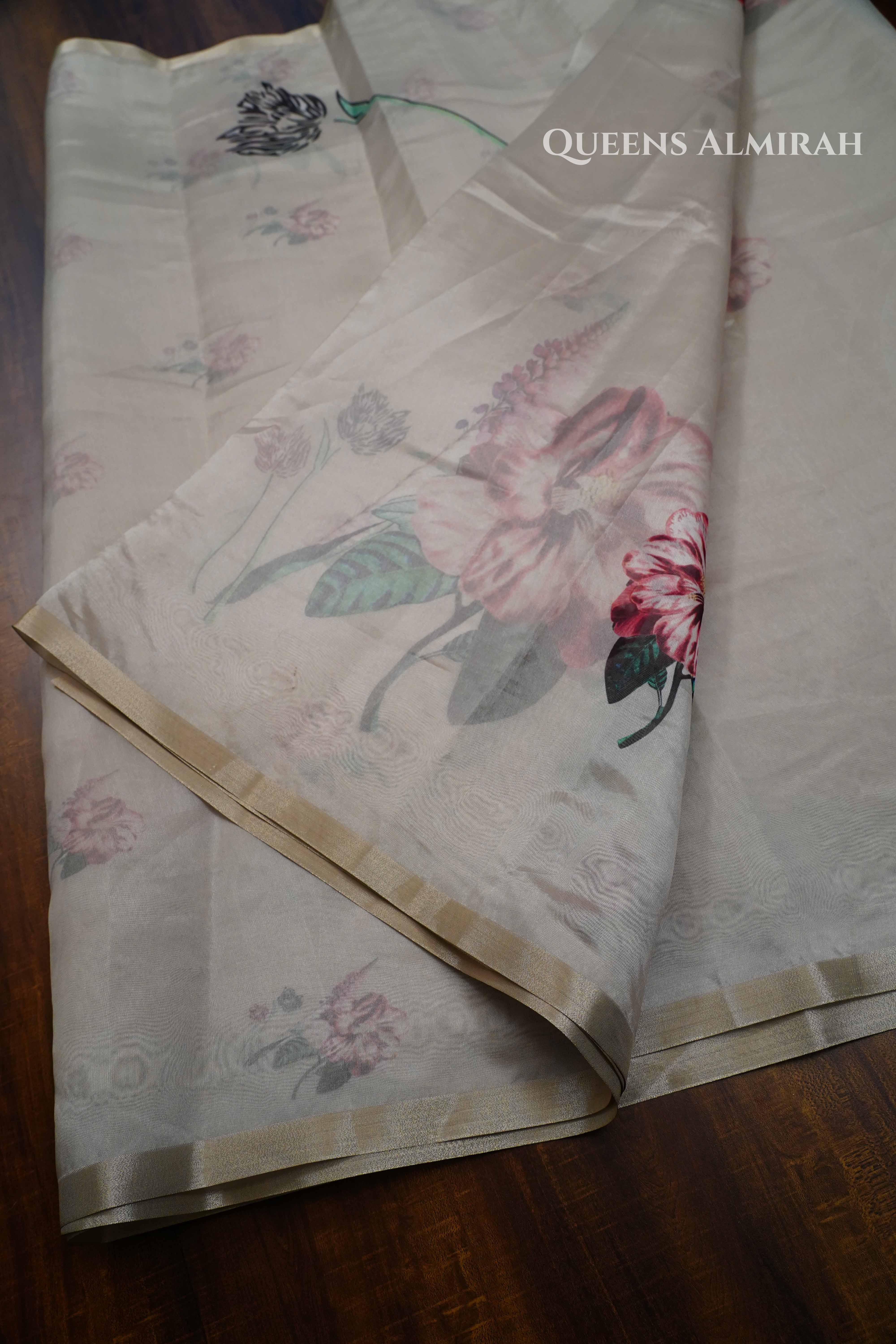 Mahanati Off-White Floral Organza Saree QUEENS ALMIRAH