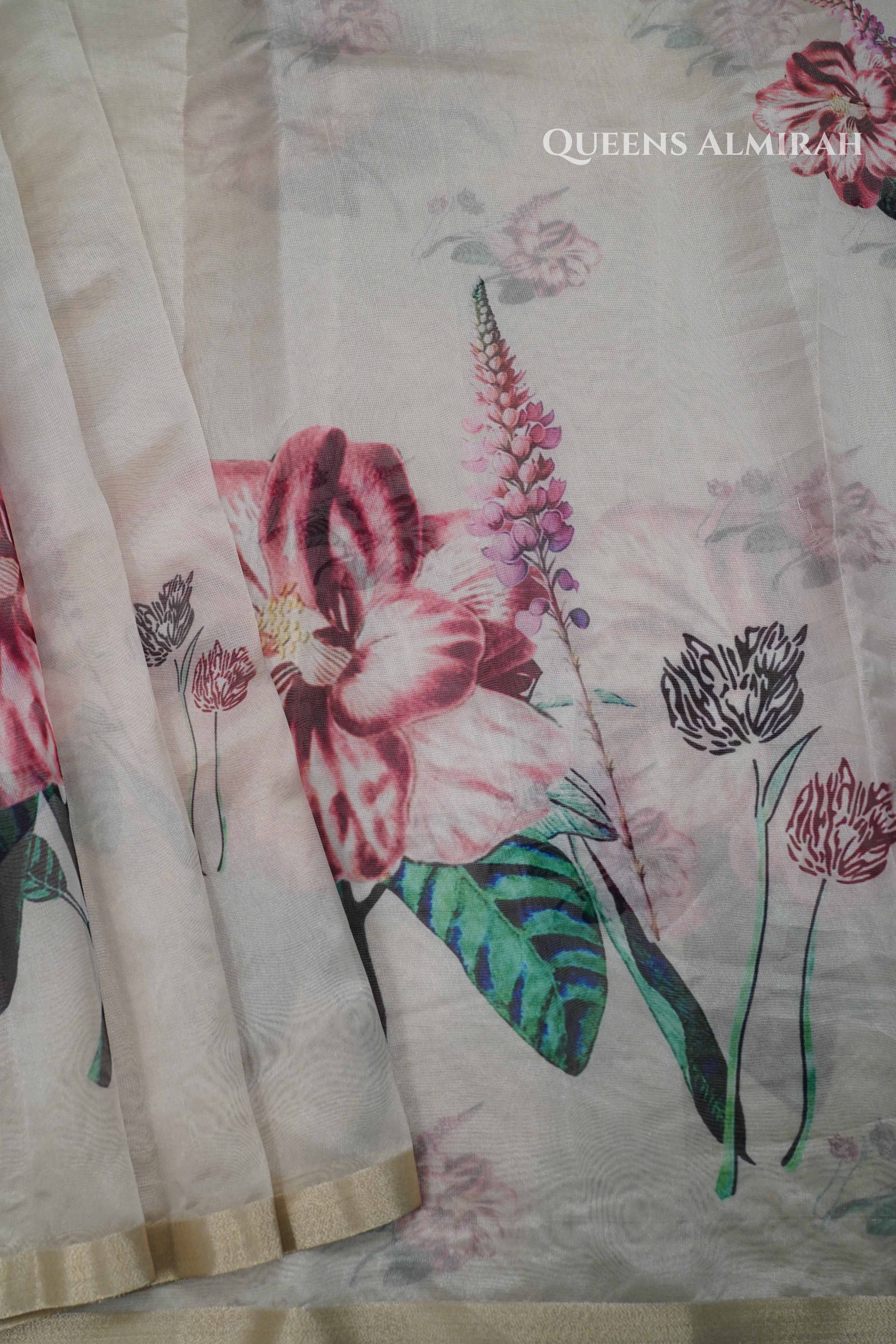 Mahanati Off-White Floral Organza Saree QUEENS ALMIRAH