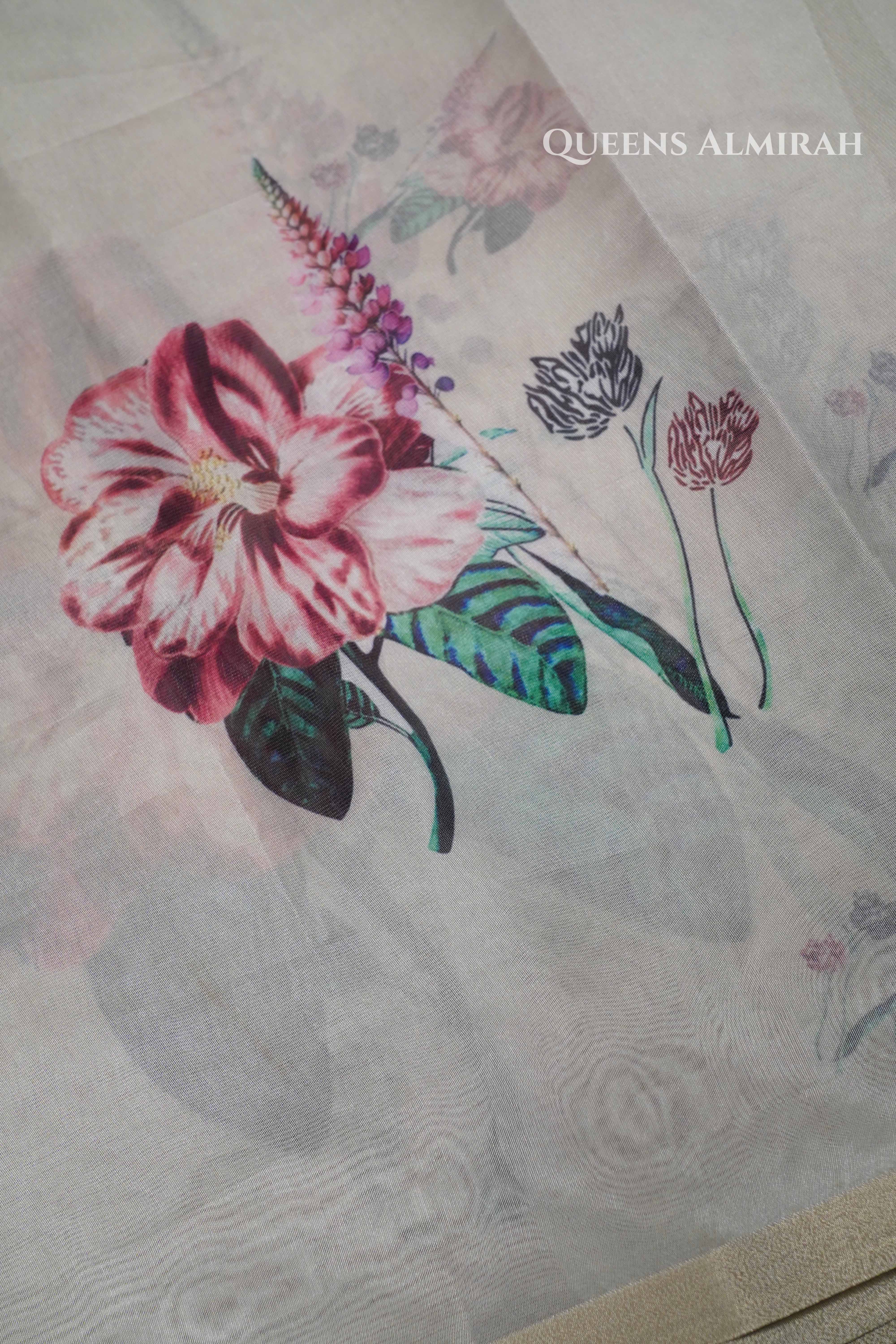 Mahanati Off-White Floral Organza Saree QUEENS ALMIRAH