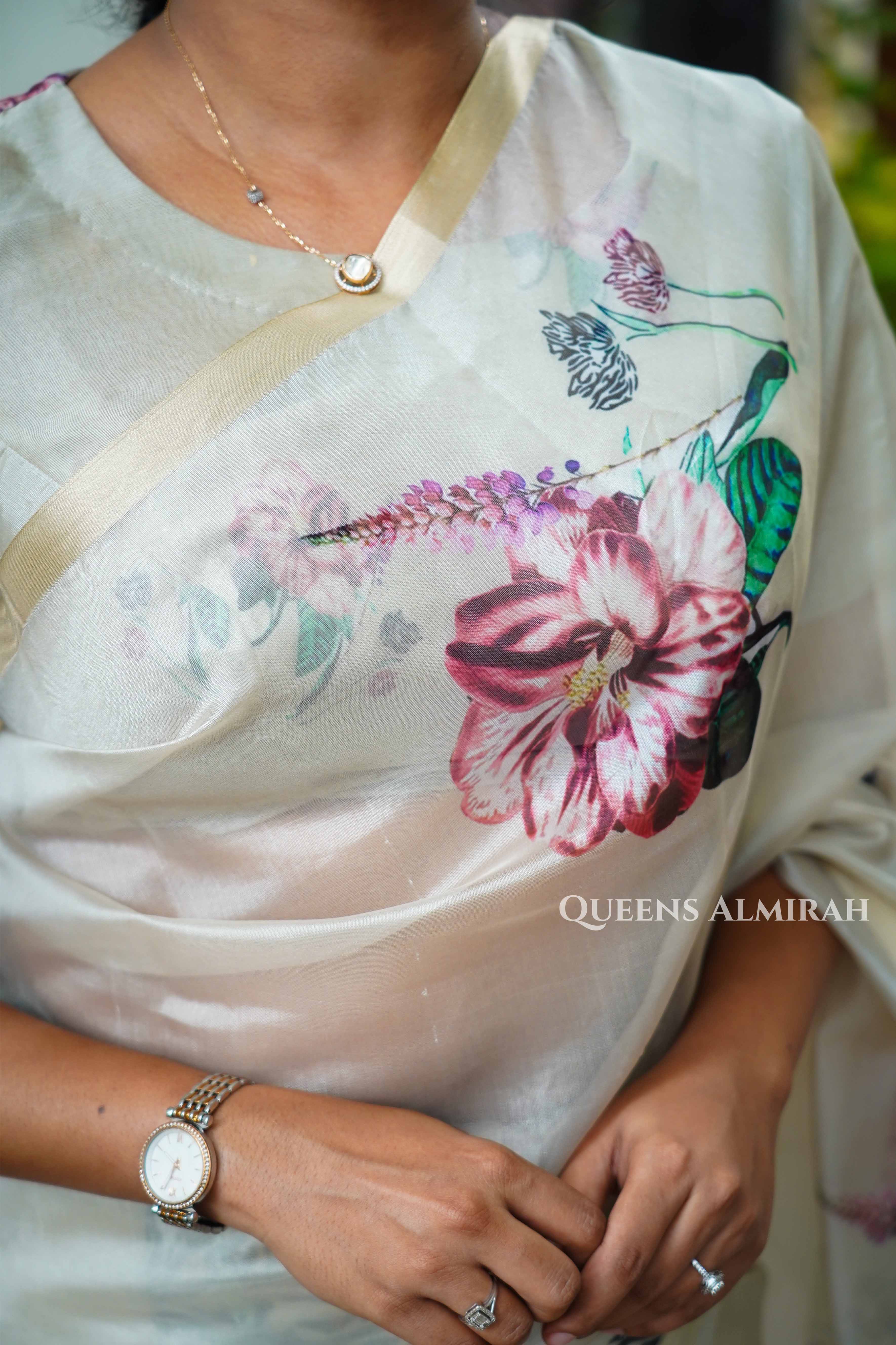 Mahanati Off-White Floral Organza Saree QUEENS ALMIRAH