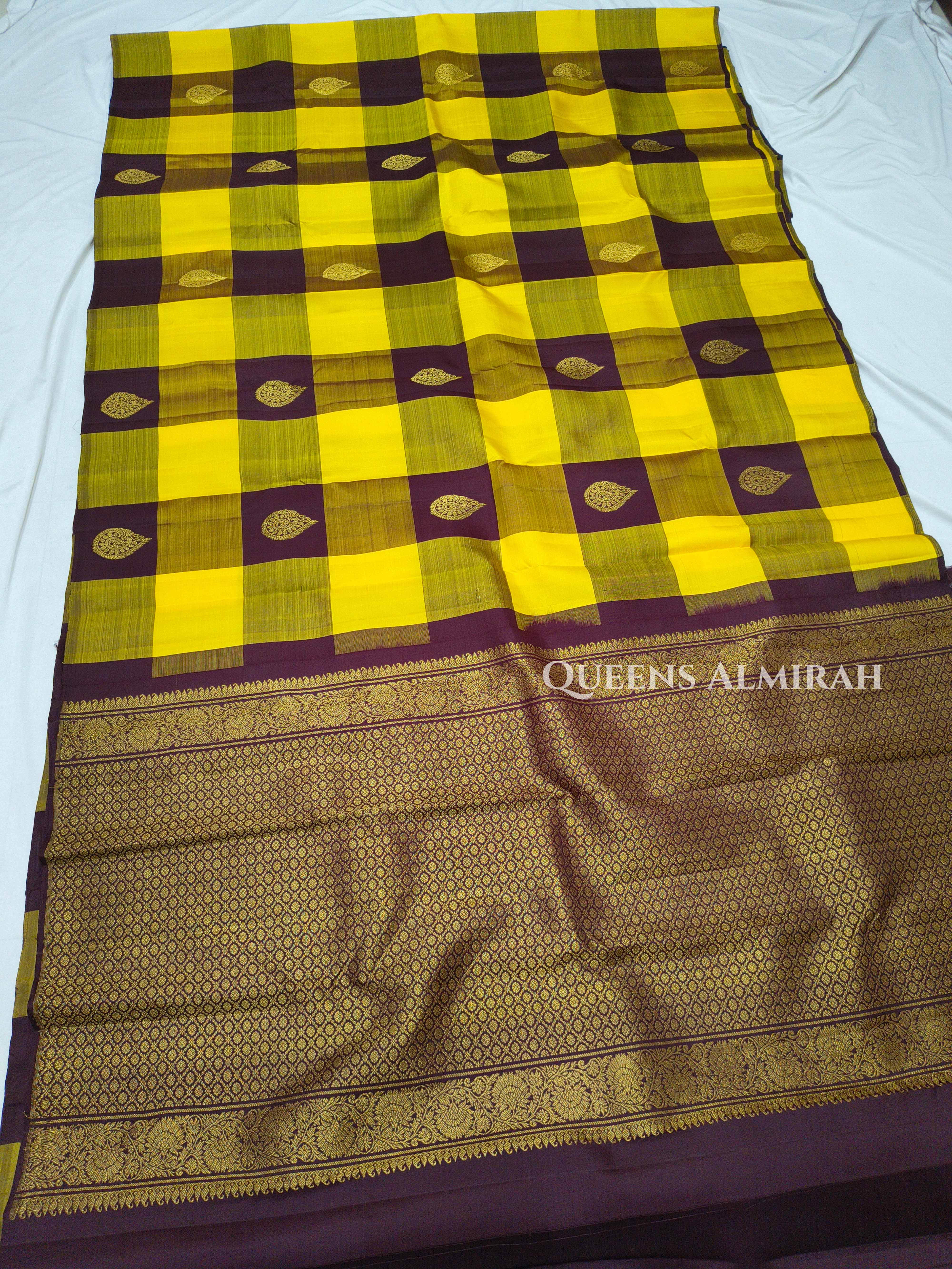 Mango Yellow With Cocoa Bean Pure Kanchivaram Silk Saree QUEENS ALMIRAH