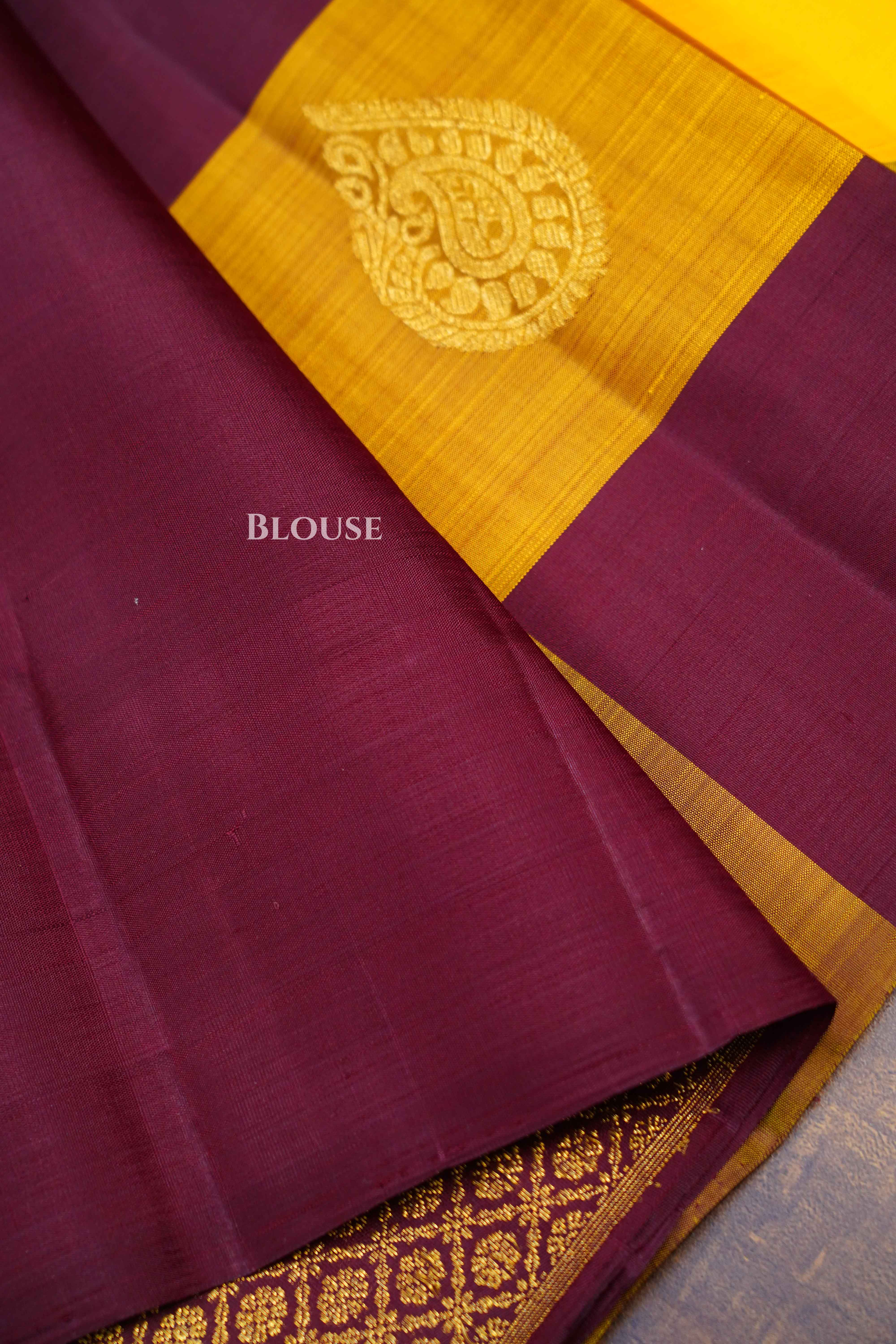 Mango Yellow With Cocoa Bean Pure Kanchivaram Silk Saree QUEENS ALMIRAH