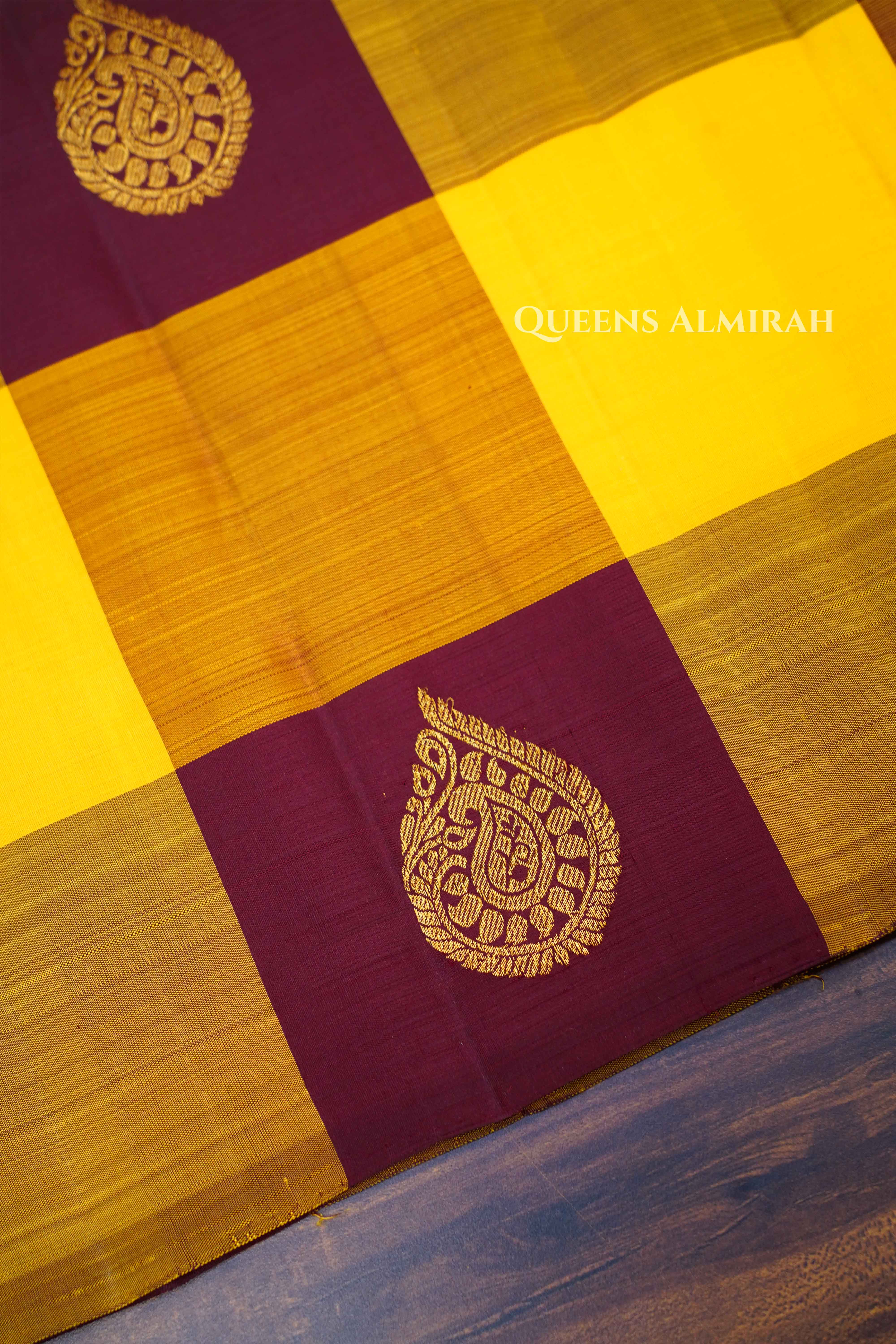 Mango Yellow With Cocoa Bean Pure Kanchivaram Silk Saree QUEENS ALMIRAH