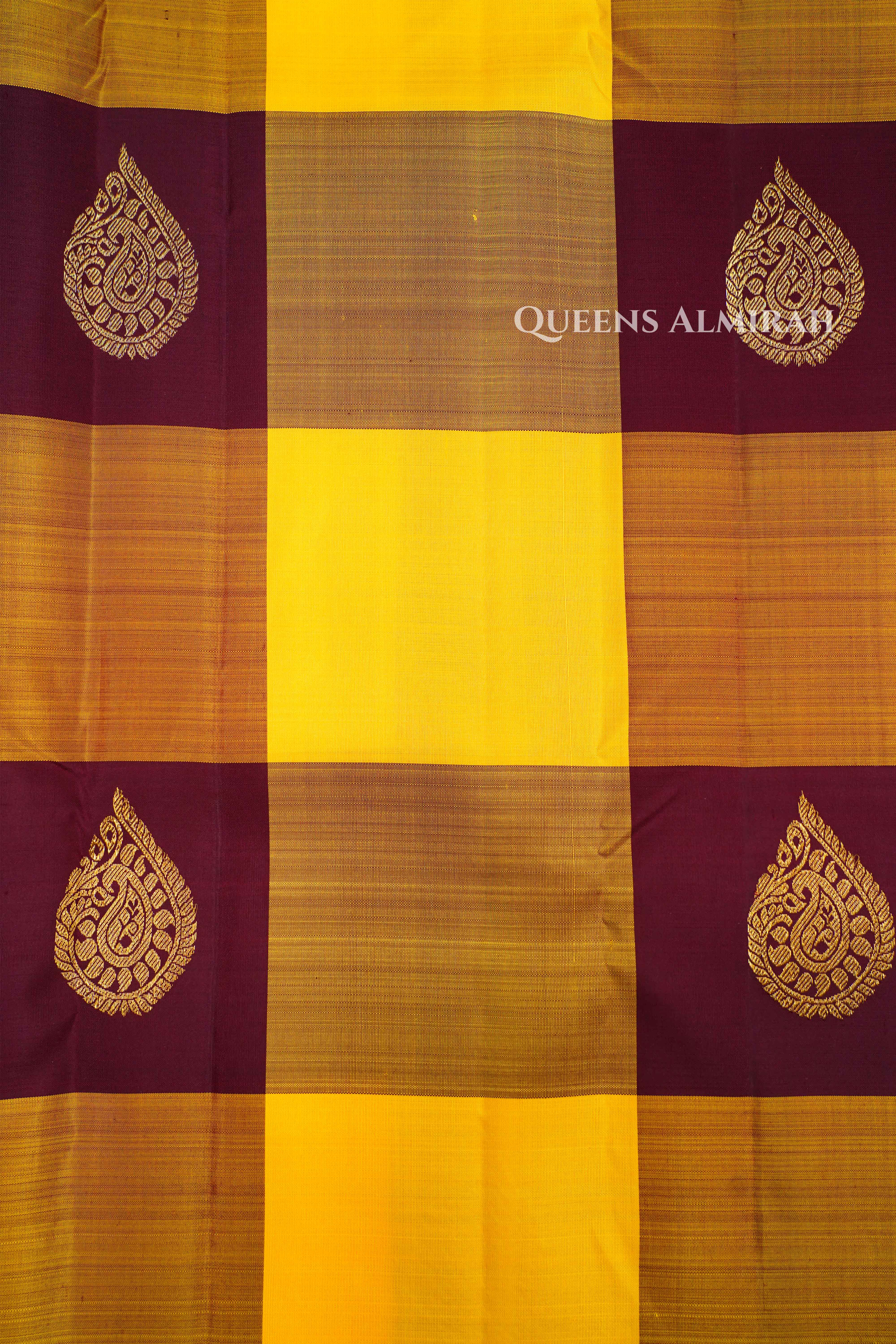 Mango Yellow With Cocoa Bean Pure Kanchivaram Silk Saree QUEENS ALMIRAH