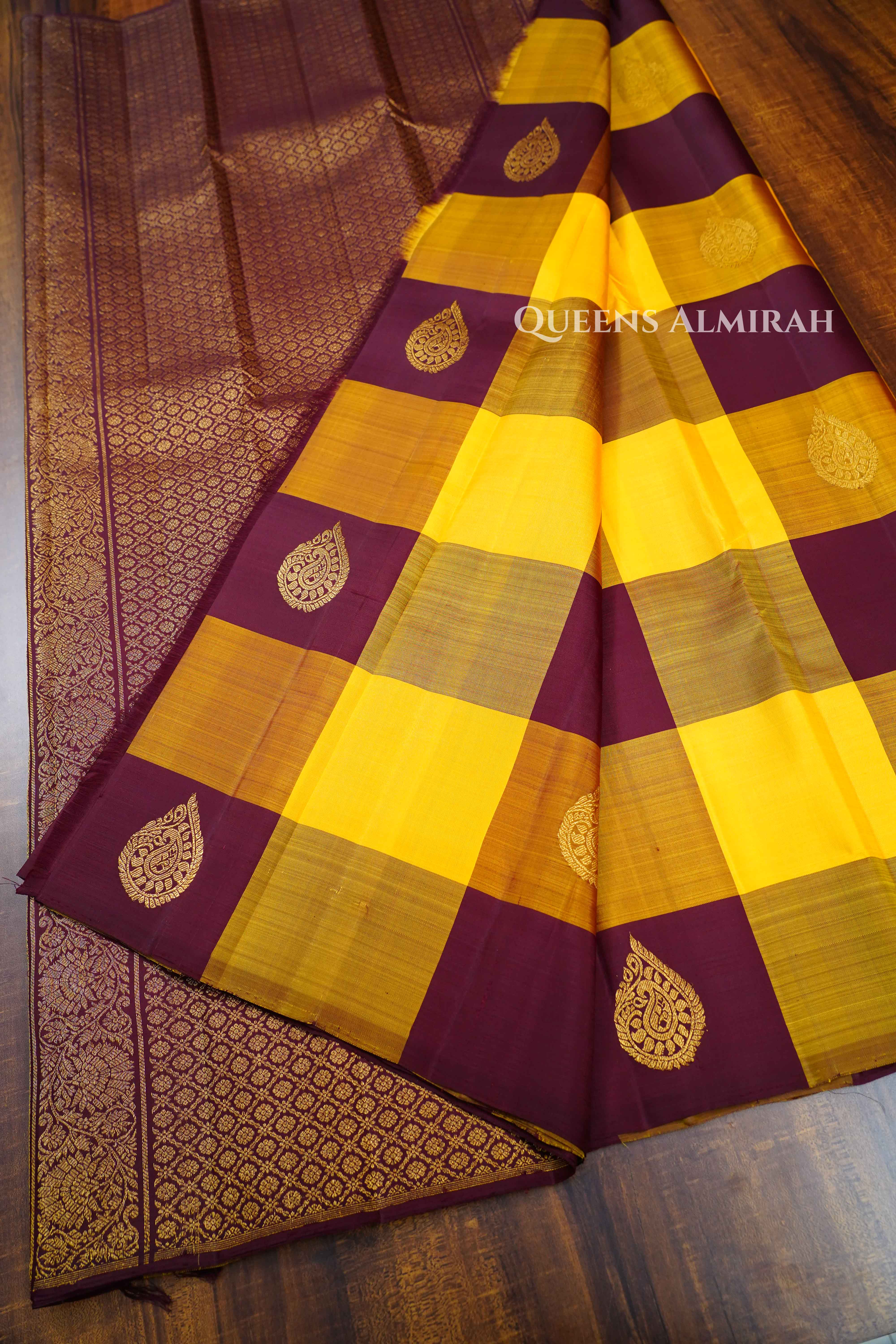 Mango Yellow With Cocoa Bean Pure Kanchivaram Silk Saree QUEENS ALMIRAH