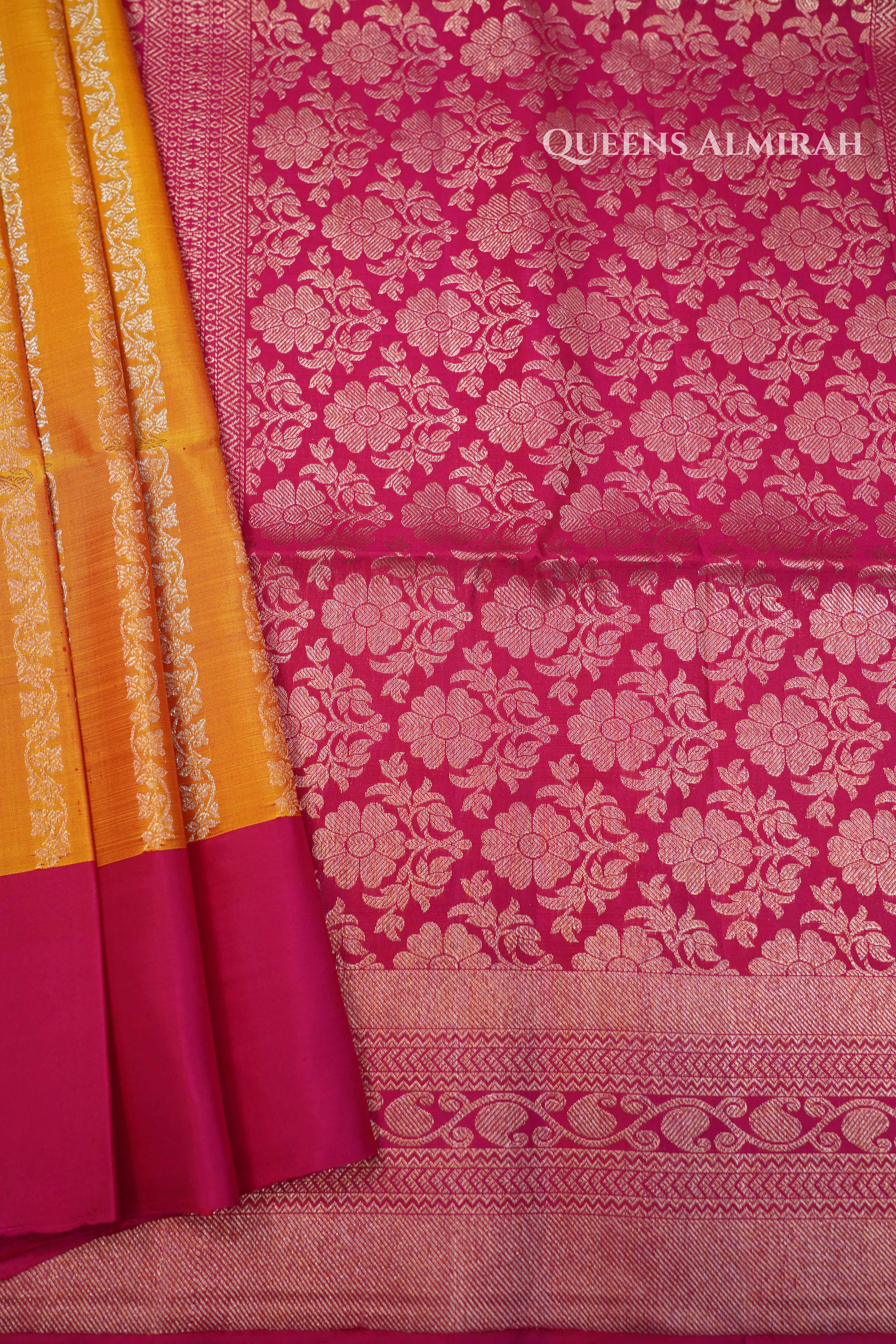 Mango Yellow With Dragon Fruit Pink Pure Soft Silk Saree QUEENS ALMIRAH