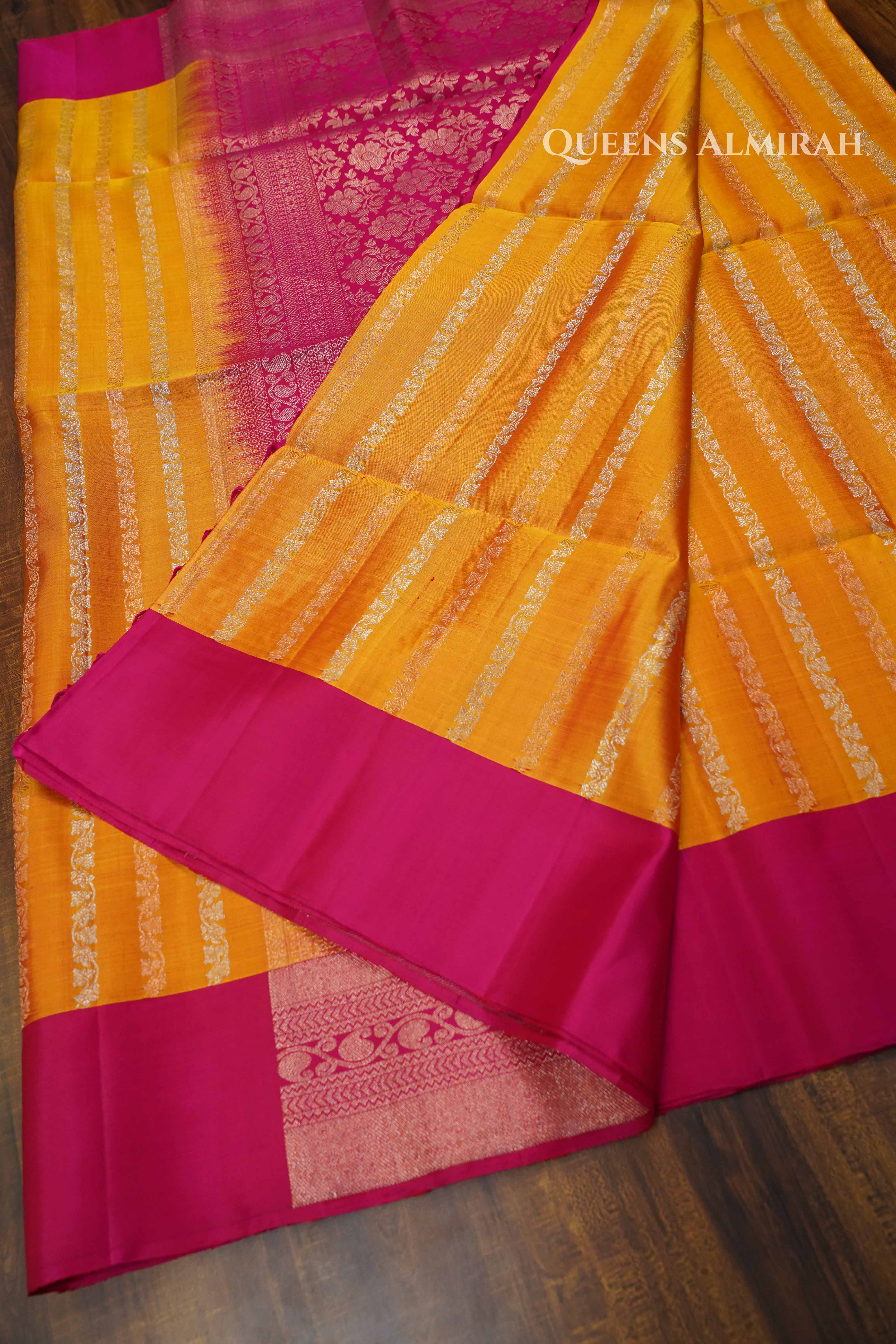 Mango Yellow With Dragon Fruit Pink Pure Soft Silk Saree QUEENS ALMIRAH