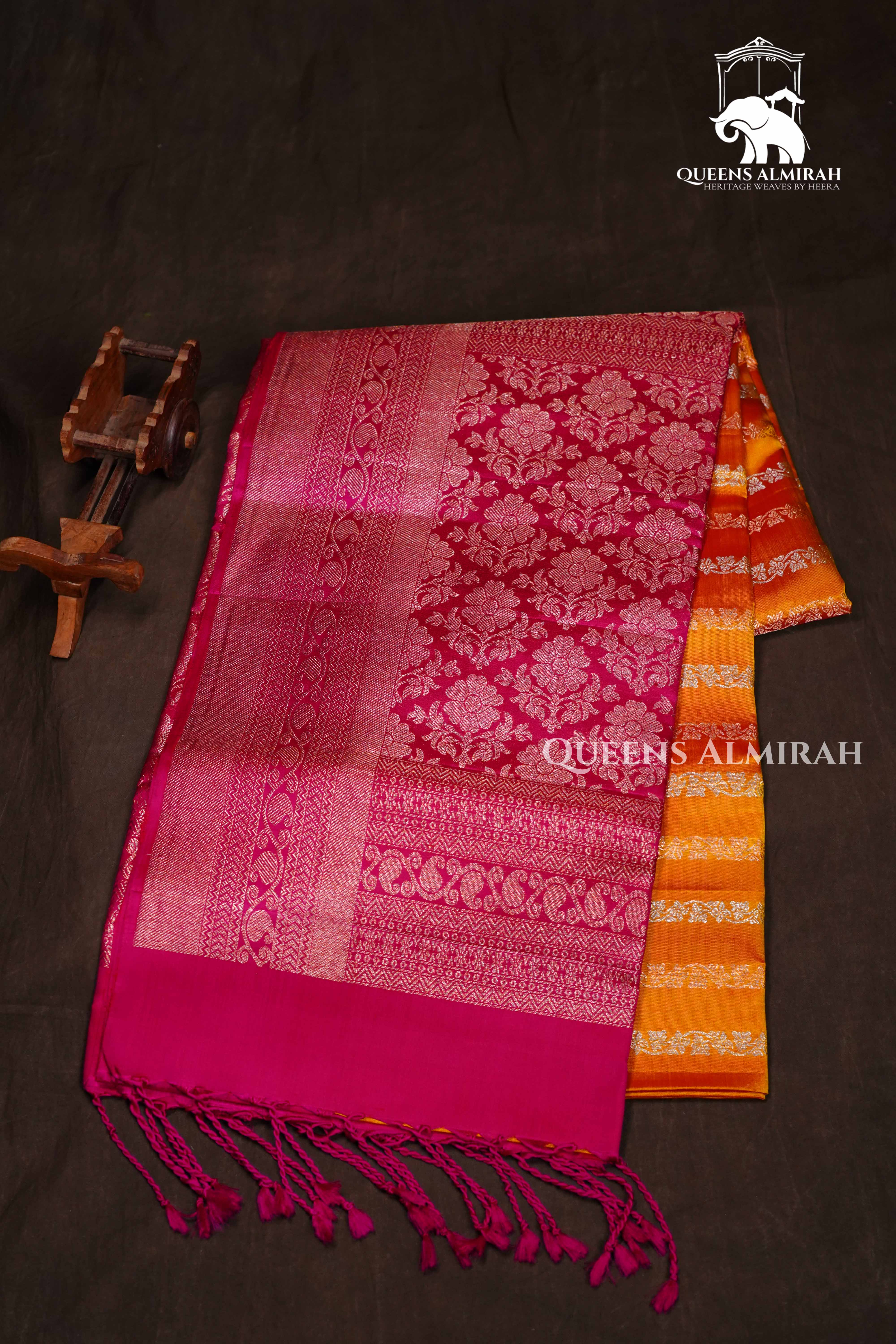 Mango Yellow With Dragon Fruit Pink Pure Soft Silk Saree QUEENS ALMIRAH
