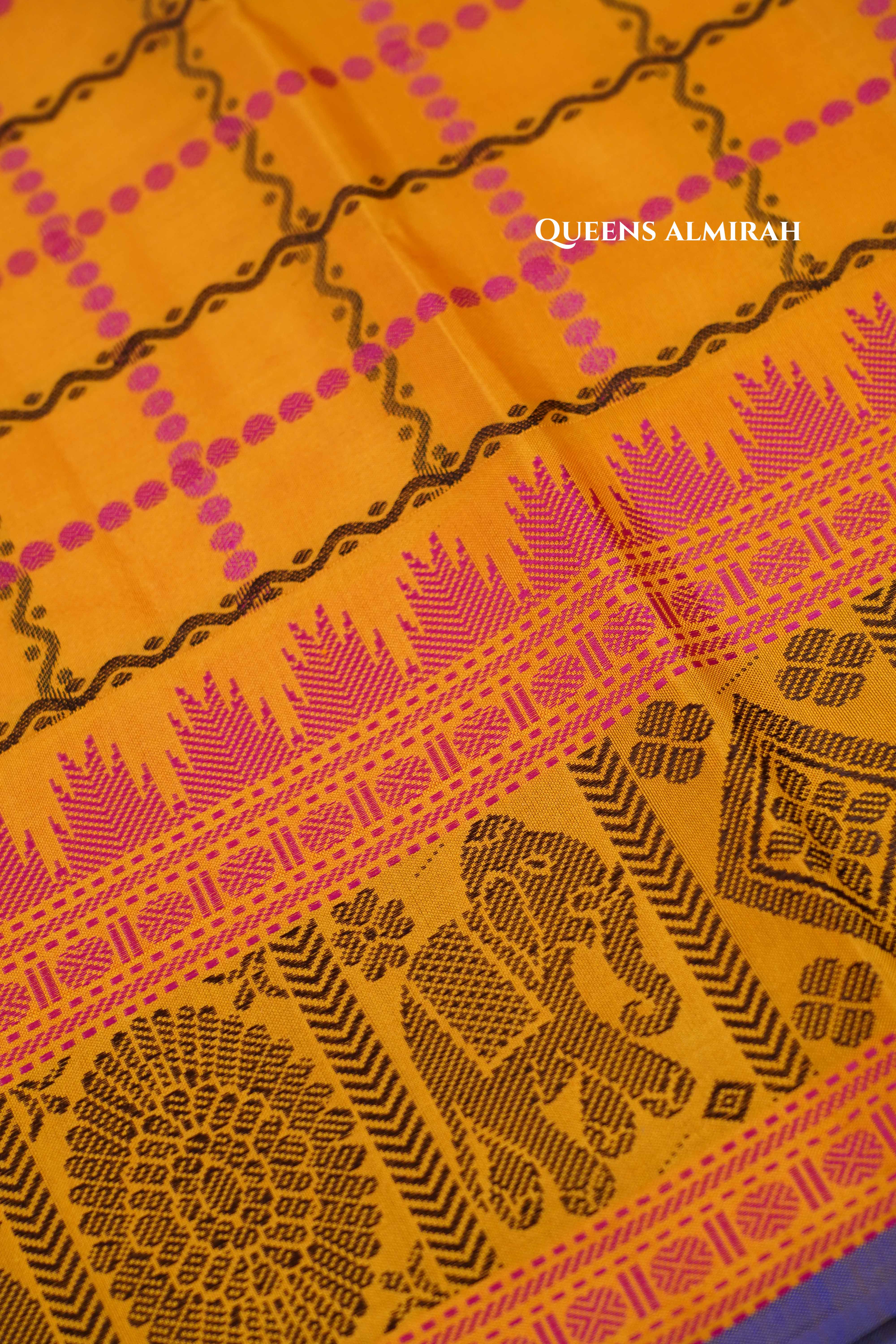 Mango Yellow With Pink Pure Kanchivaram Silk Saree 1 QUEENS ALMIRAH