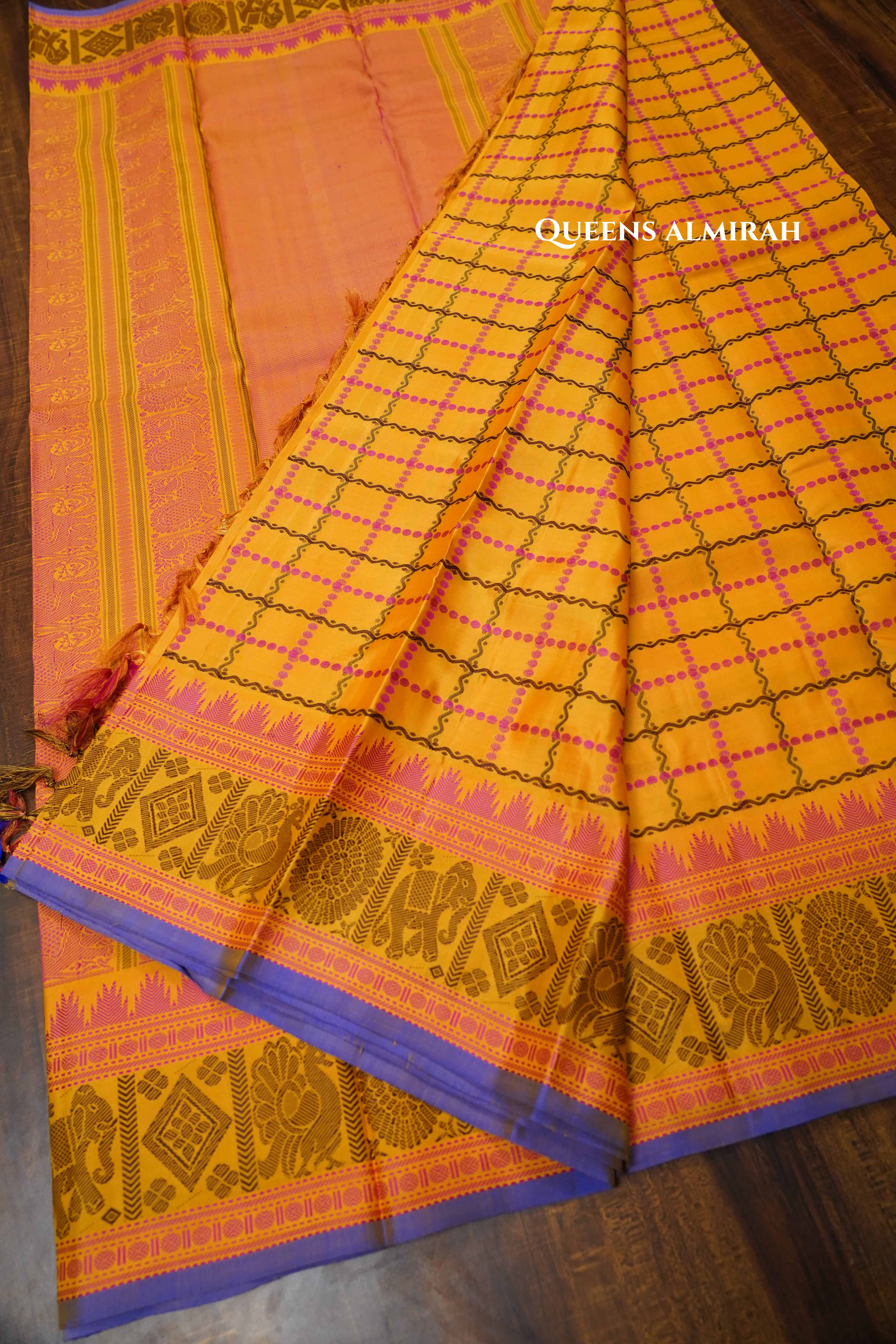 Mango Yellow With Pink Pure Kanchivaram Silk Saree 1 QUEENS ALMIRAH