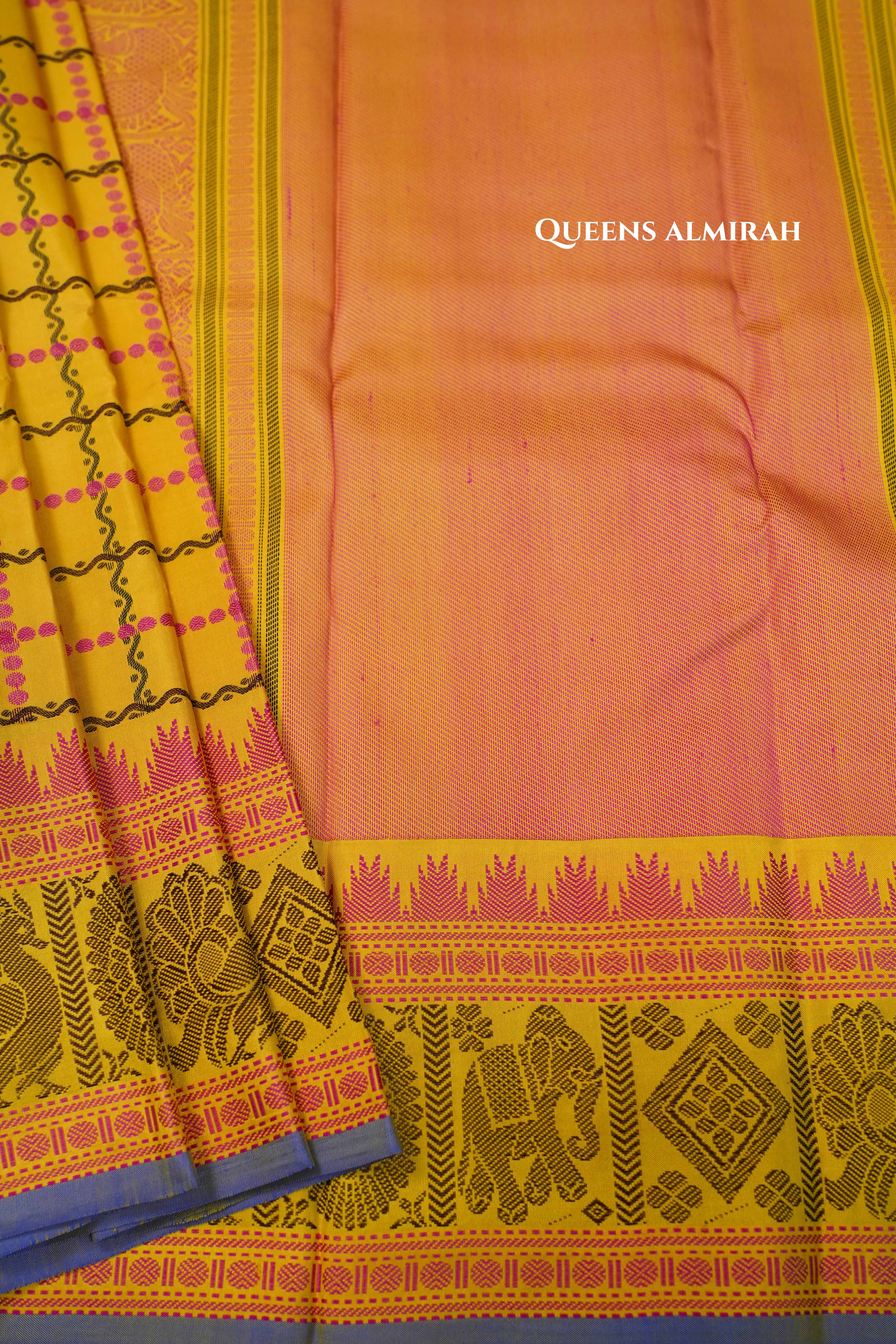 Mango Yellow With Pink Pure Kanchivaram Silk Saree QUEENS ALMIRAH