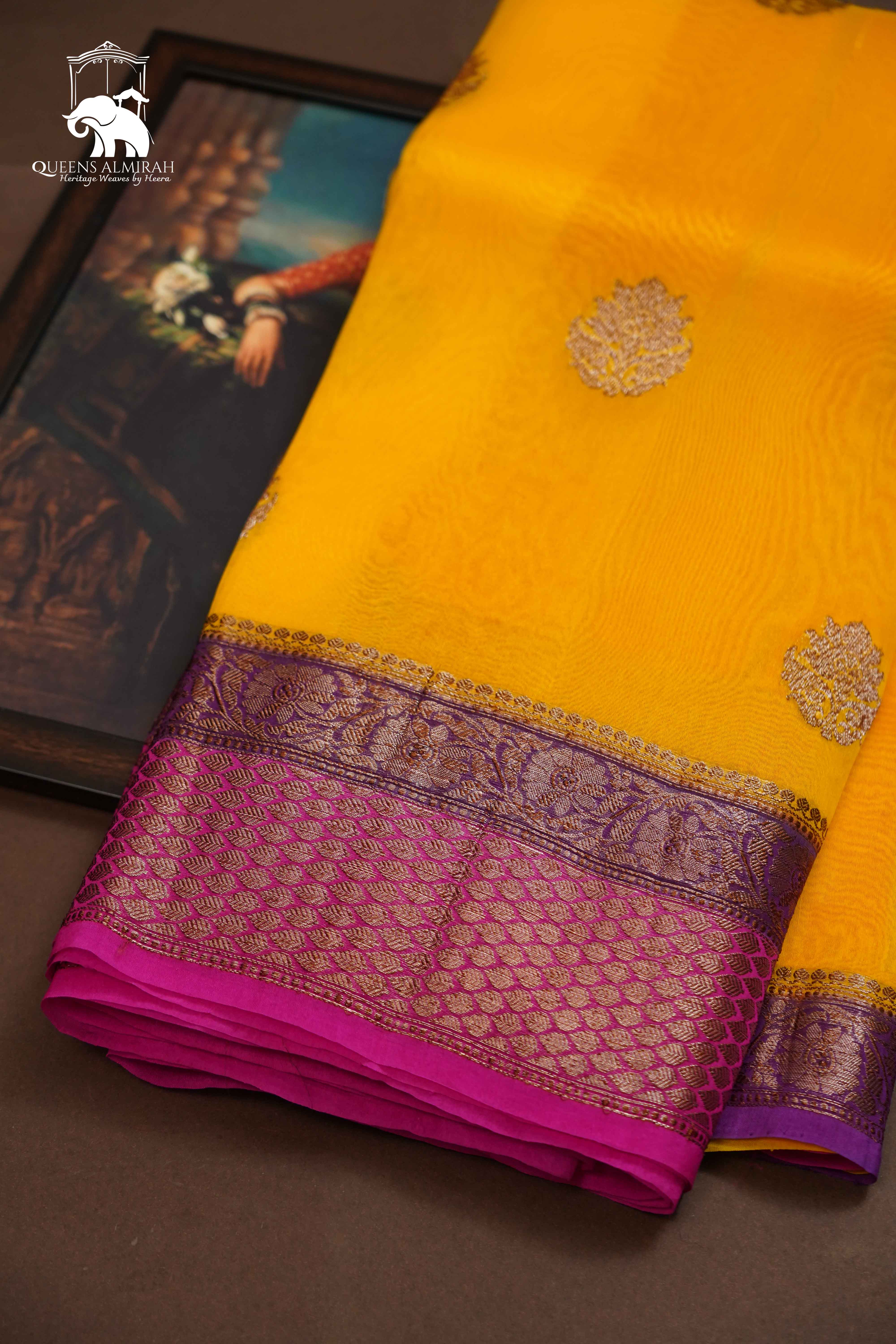 Mango Yellow With Warm Purple Banarasi Organza saree - Queens Jewel Emporium