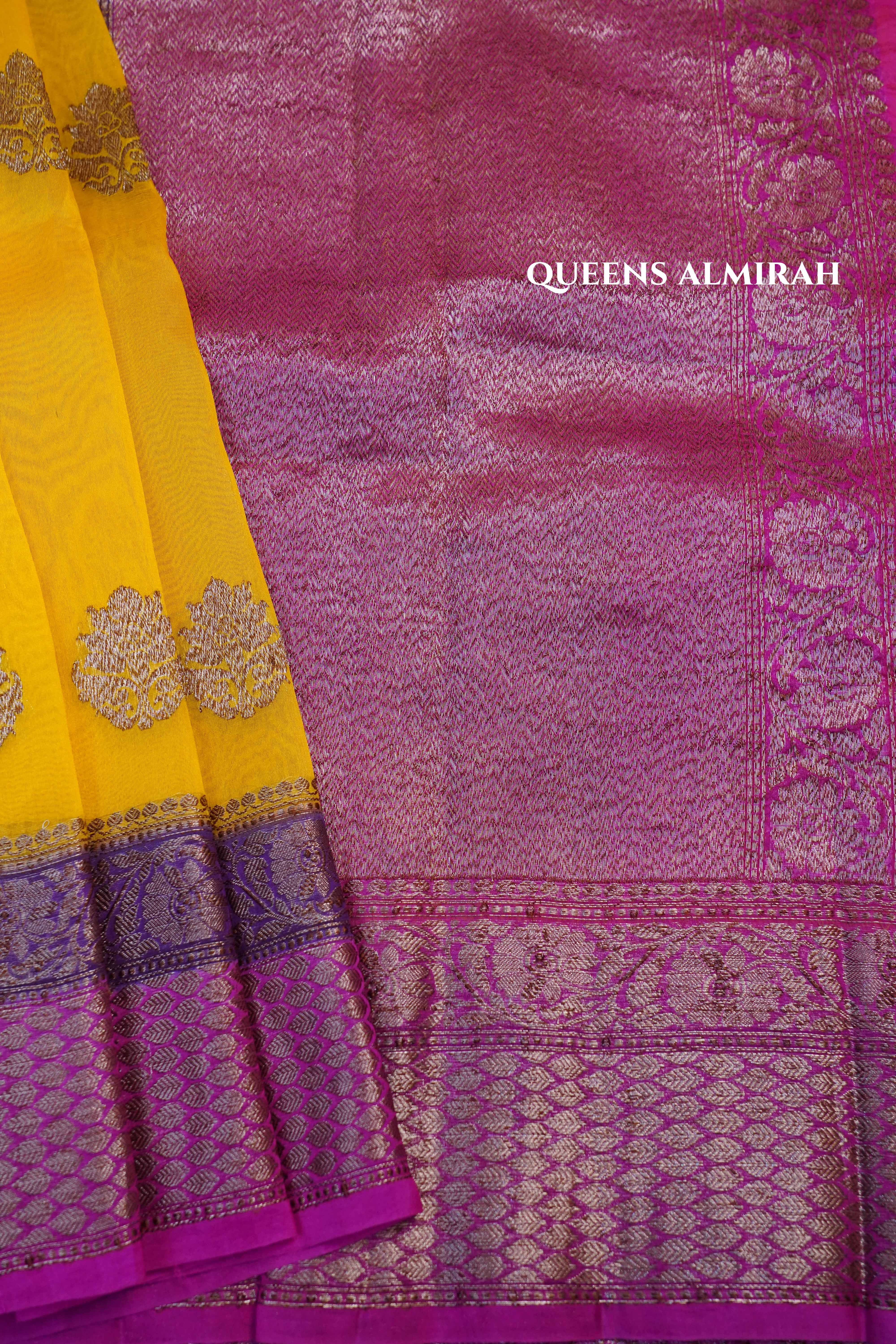 Mango Yellow With Warm Purple Banarasi Organza saree - Queens Jewel Emporium