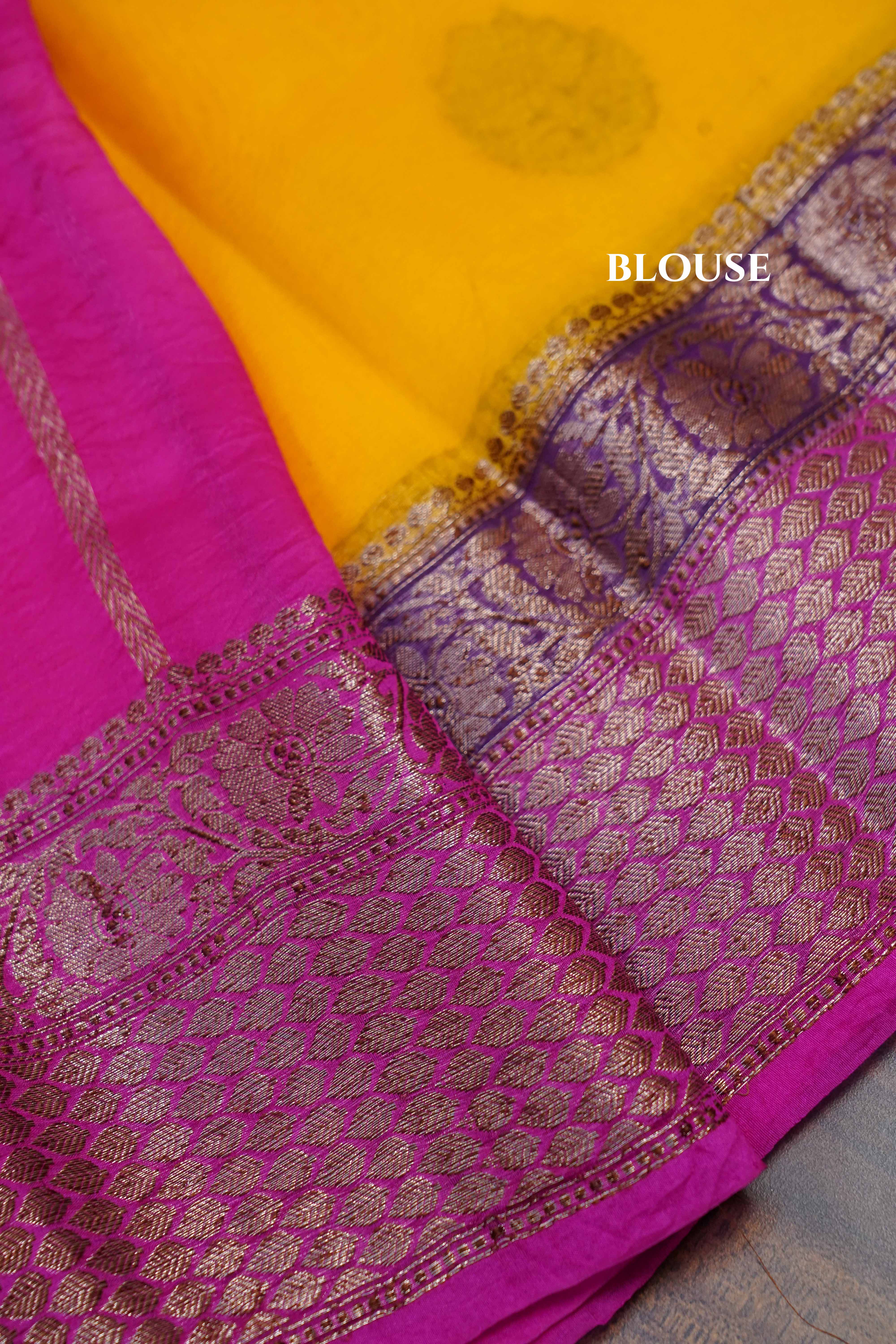 Mango Yellow With Warm Purple Banarasi Organza saree - Queens Jewel Emporium