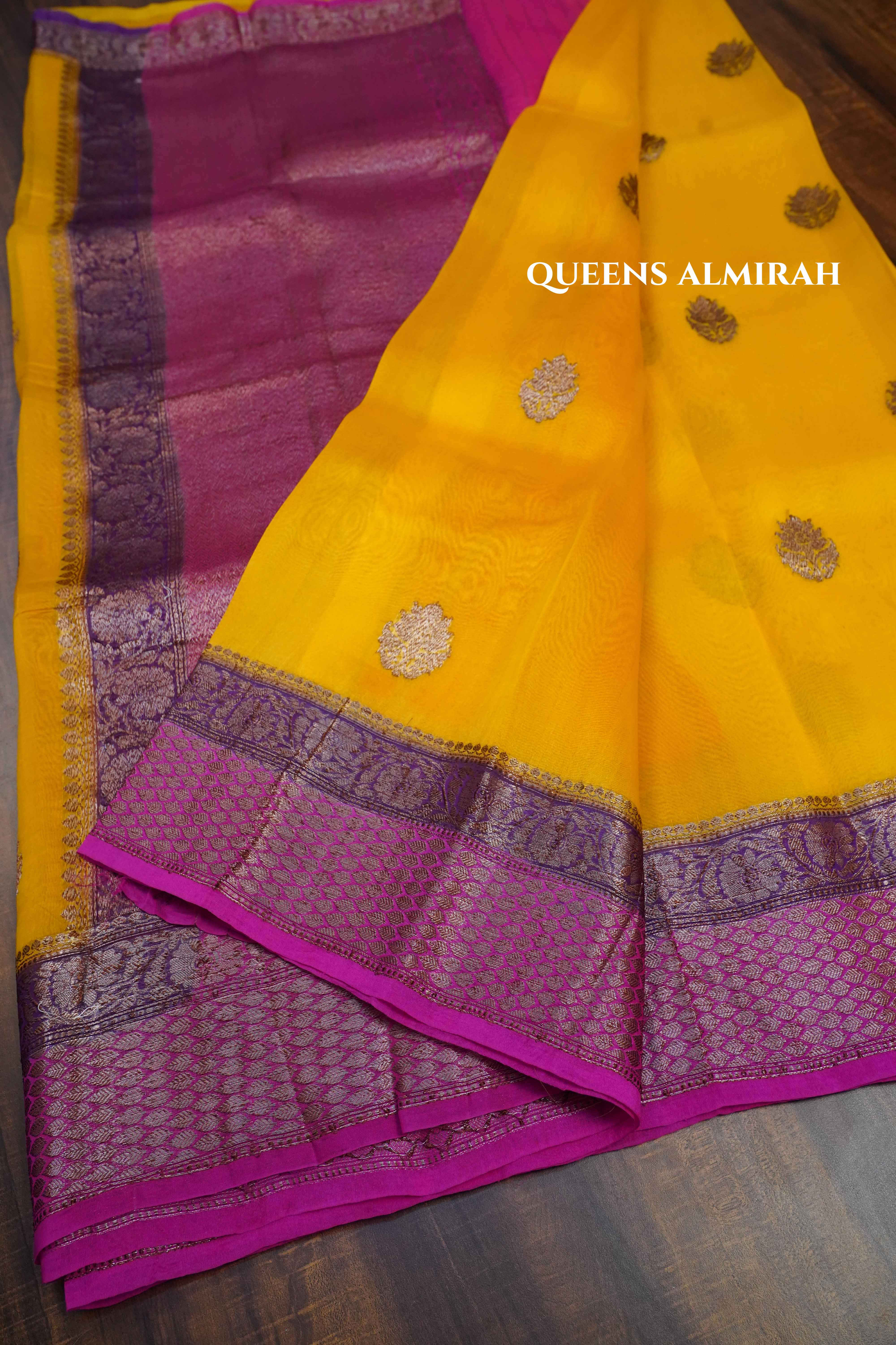 Mango Yellow With Warm Purple Banarasi Organza saree - Queens Jewel Emporium