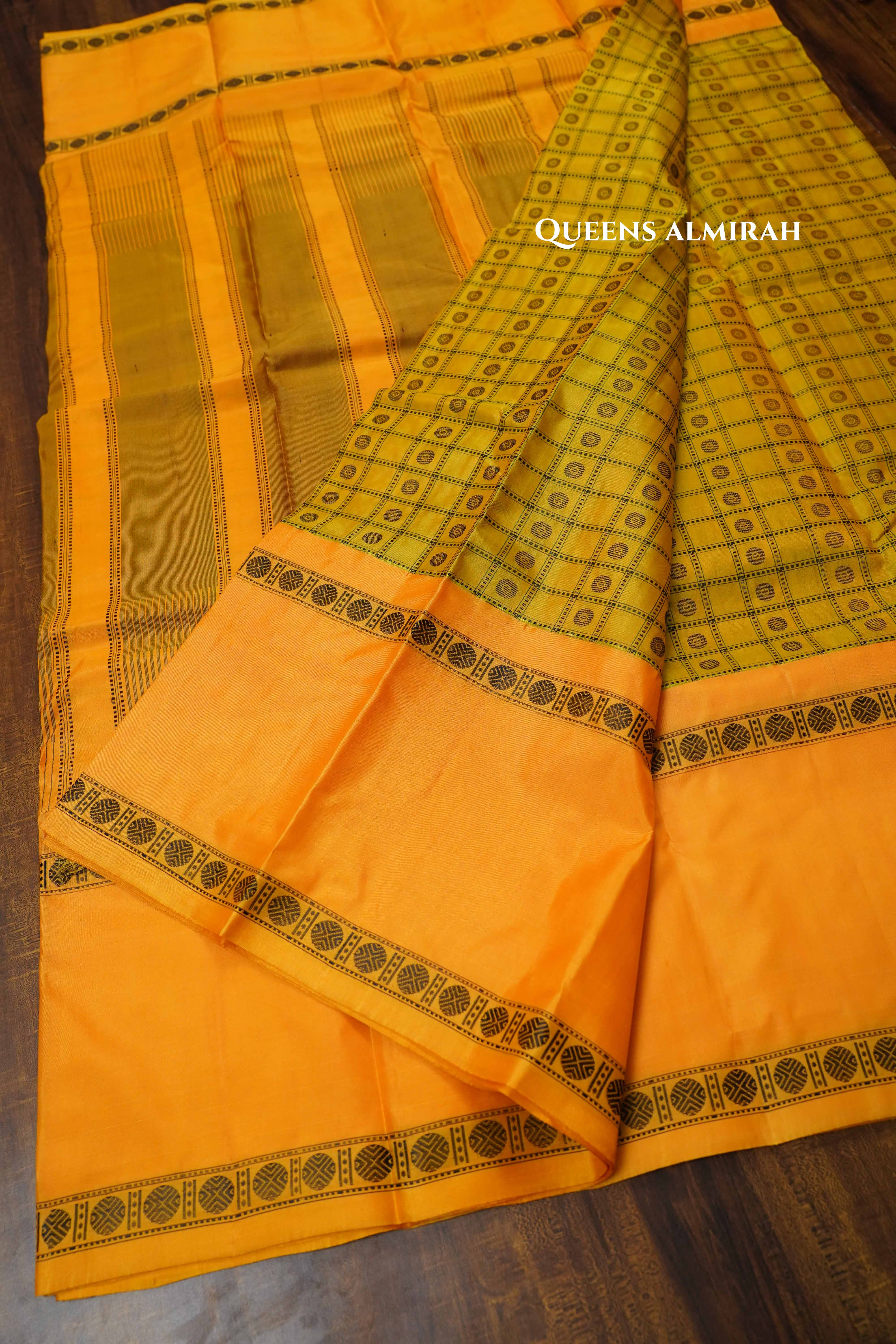 Manthulir Green With Yellow Kanchivaram silk saree QUEENS ALMIRAH