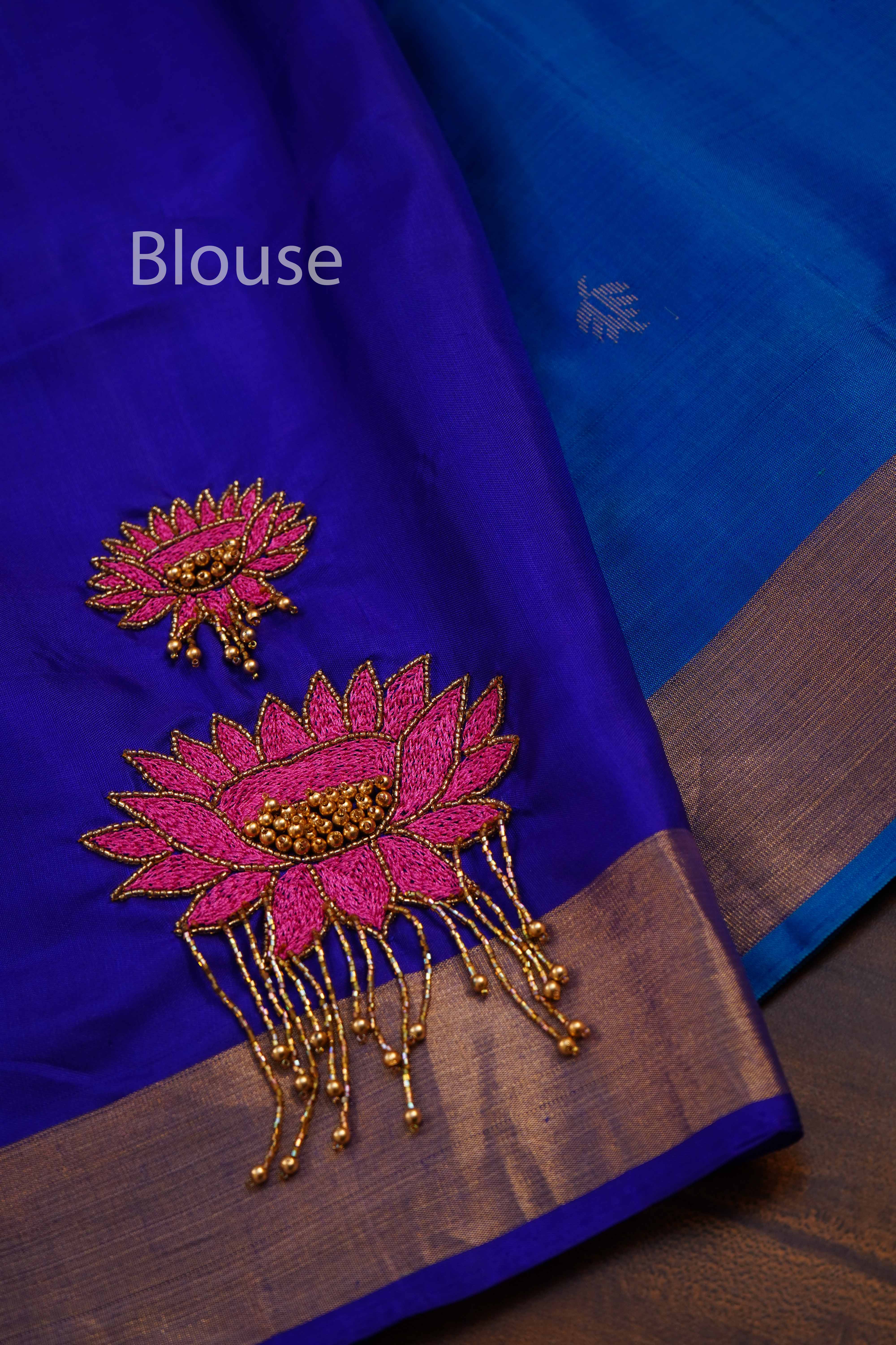 MEDIUM PERISAN BLUE WITH PERISAN INDIGO DESIGNER SILK SAREE - Queens Jewel Emporium