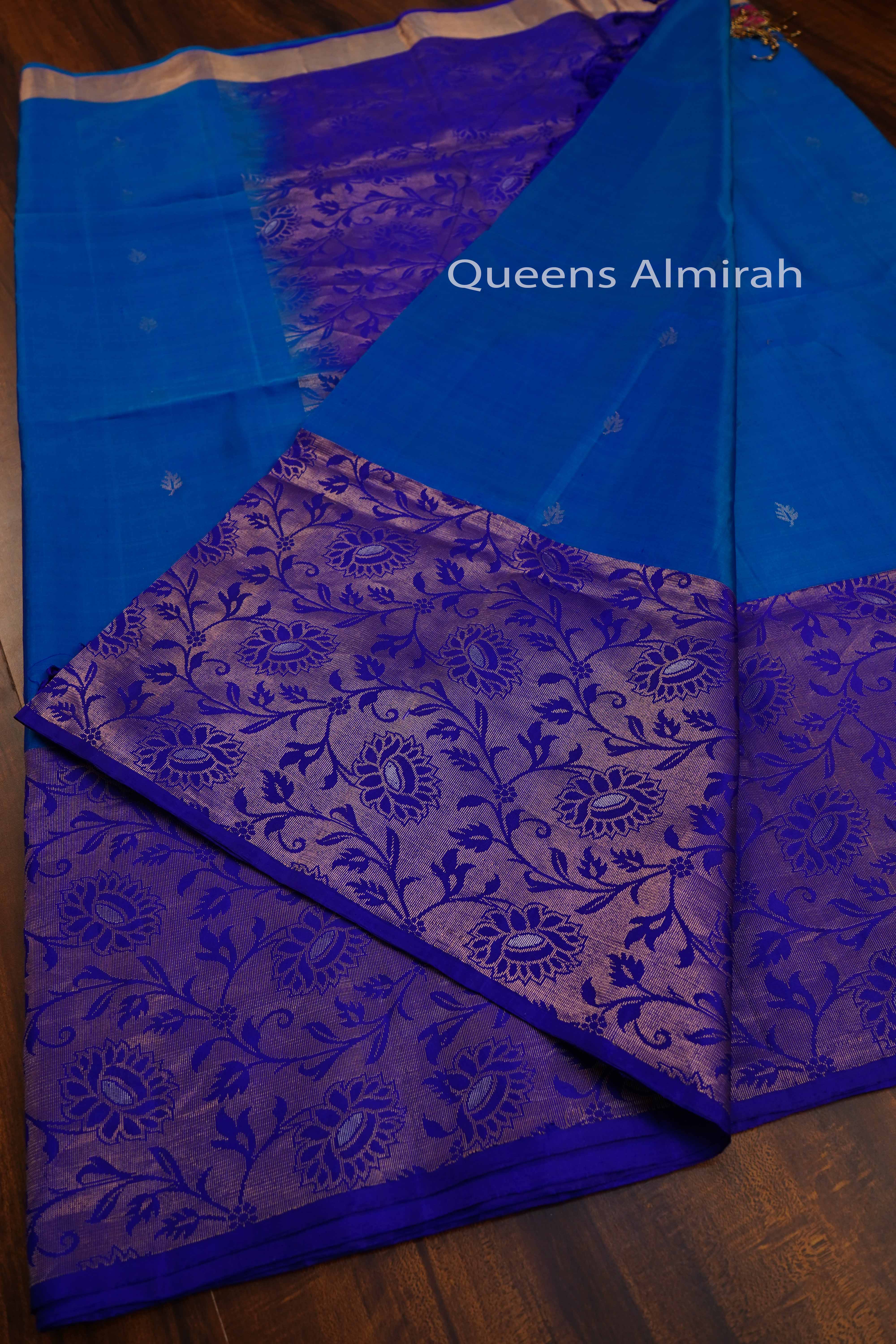 MEDIUM PERISAN BLUE WITH PERISAN INDIGO DESIGNER SILK SAREE - Queens Jewel Emporium