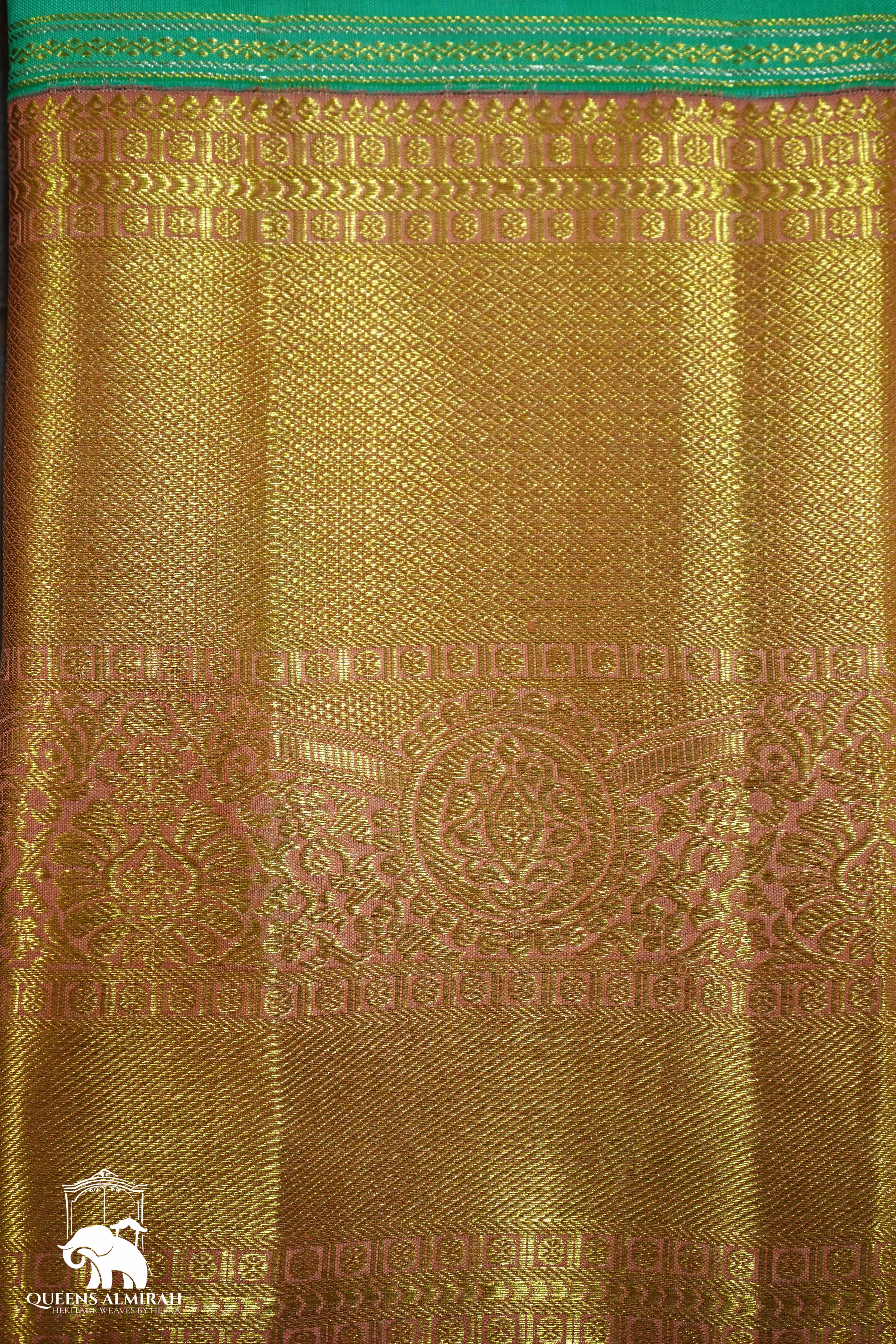 MINT GREEN WITH PEACH PINK KANCHIVARAM SILK SAREE - Queens Jewel Emporium