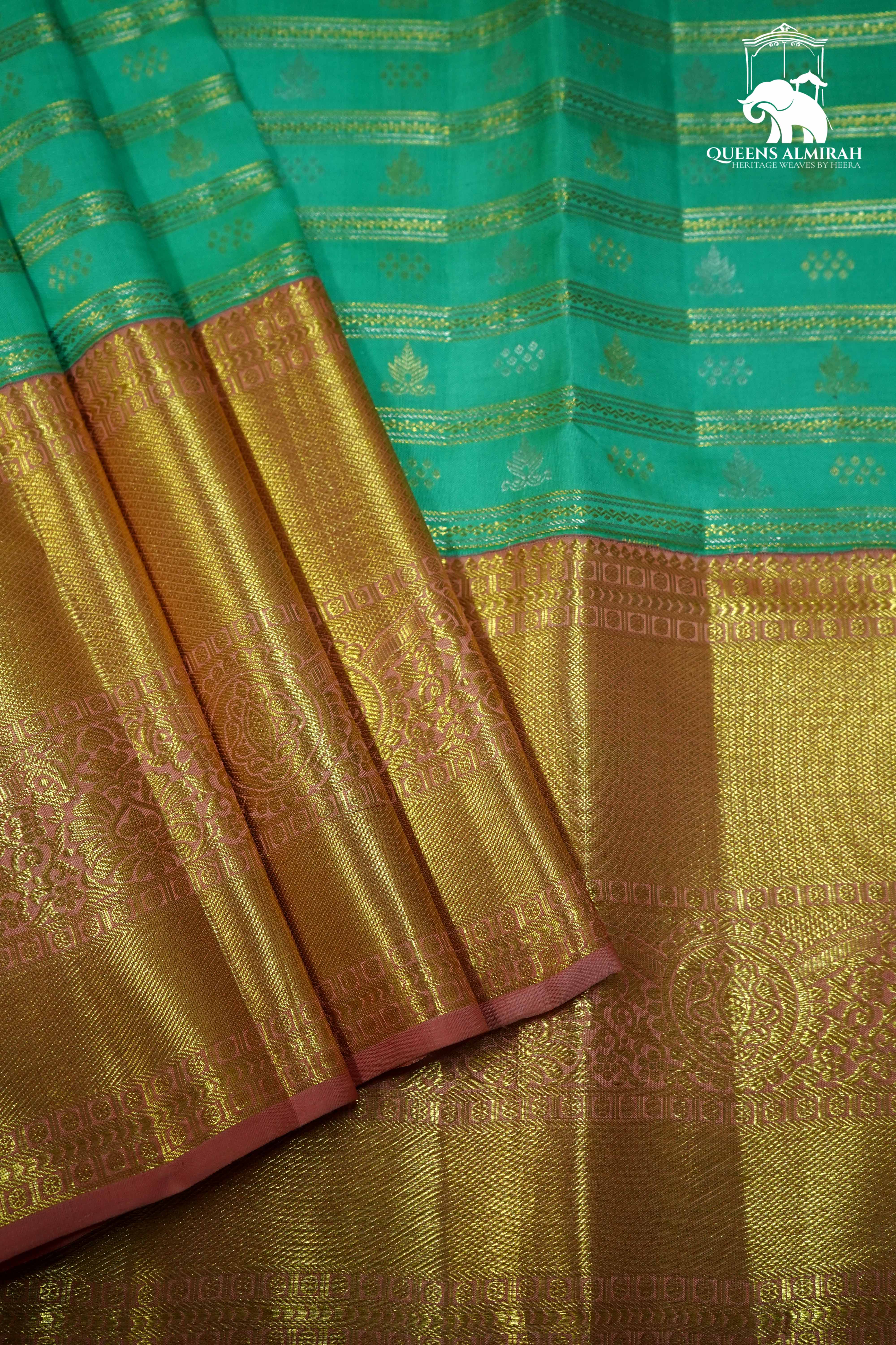 MINT GREEN WITH PEACH PINK KANCHIVARAM SILK SAREE - Queens Jewel Emporium