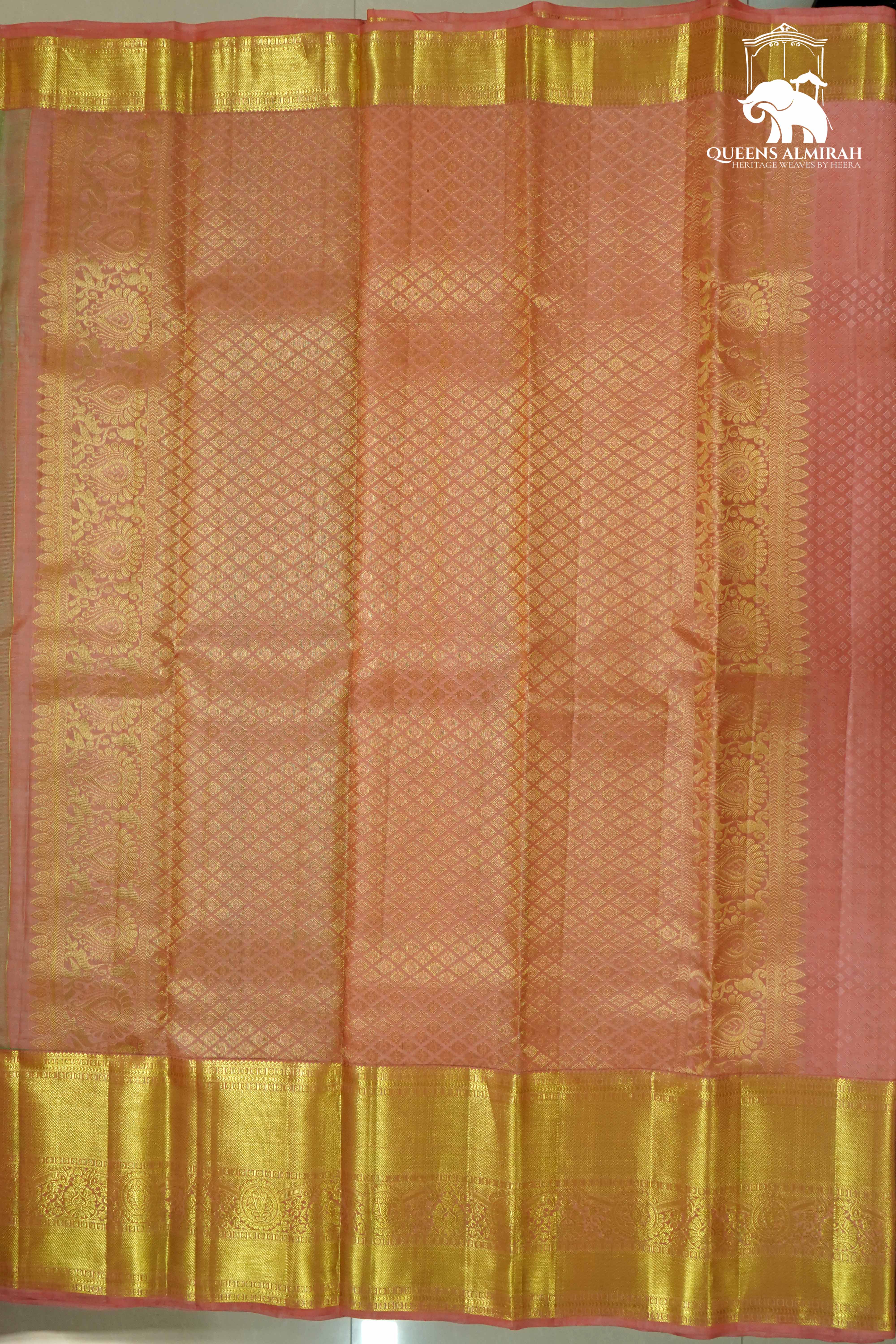 MINT GREEN WITH PEACH PINK KANCHIVARAM SILK SAREE - Queens Jewel Emporium