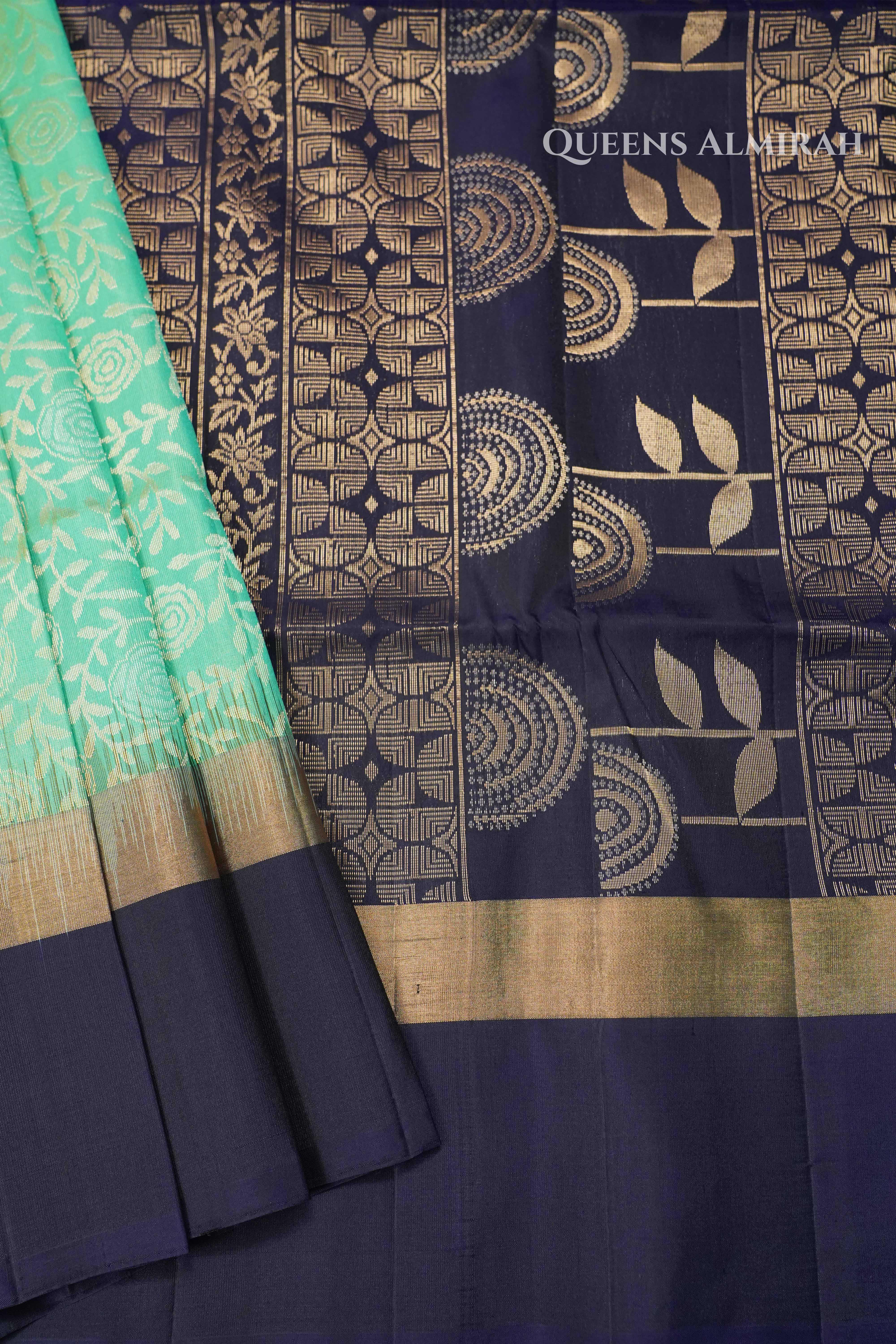 Mint Green With  navy blue Pure Soft Silk Saree QUEENS ALMIRAH