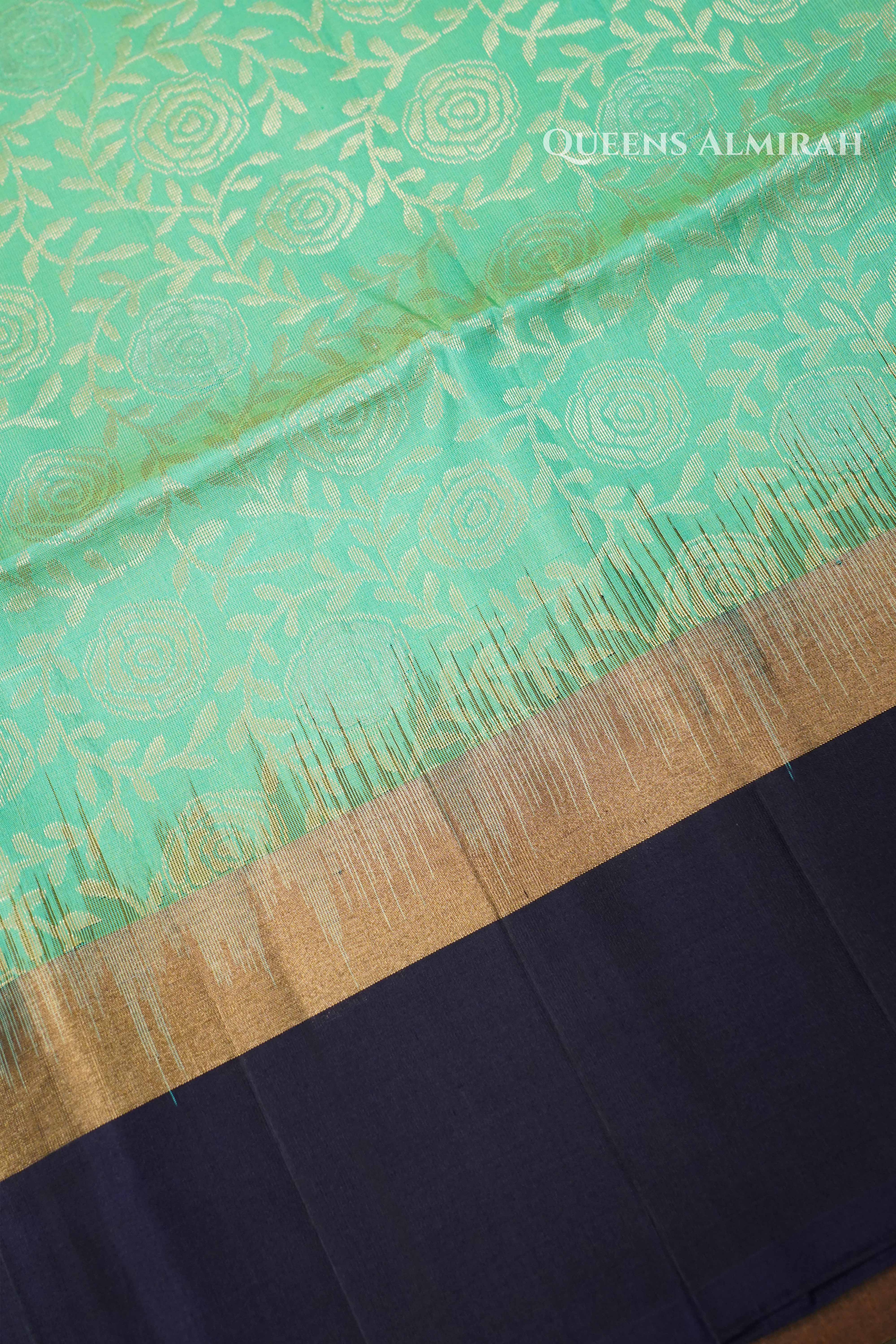 Mint Green With  navy blue Pure Soft Silk Saree QUEENS ALMIRAH