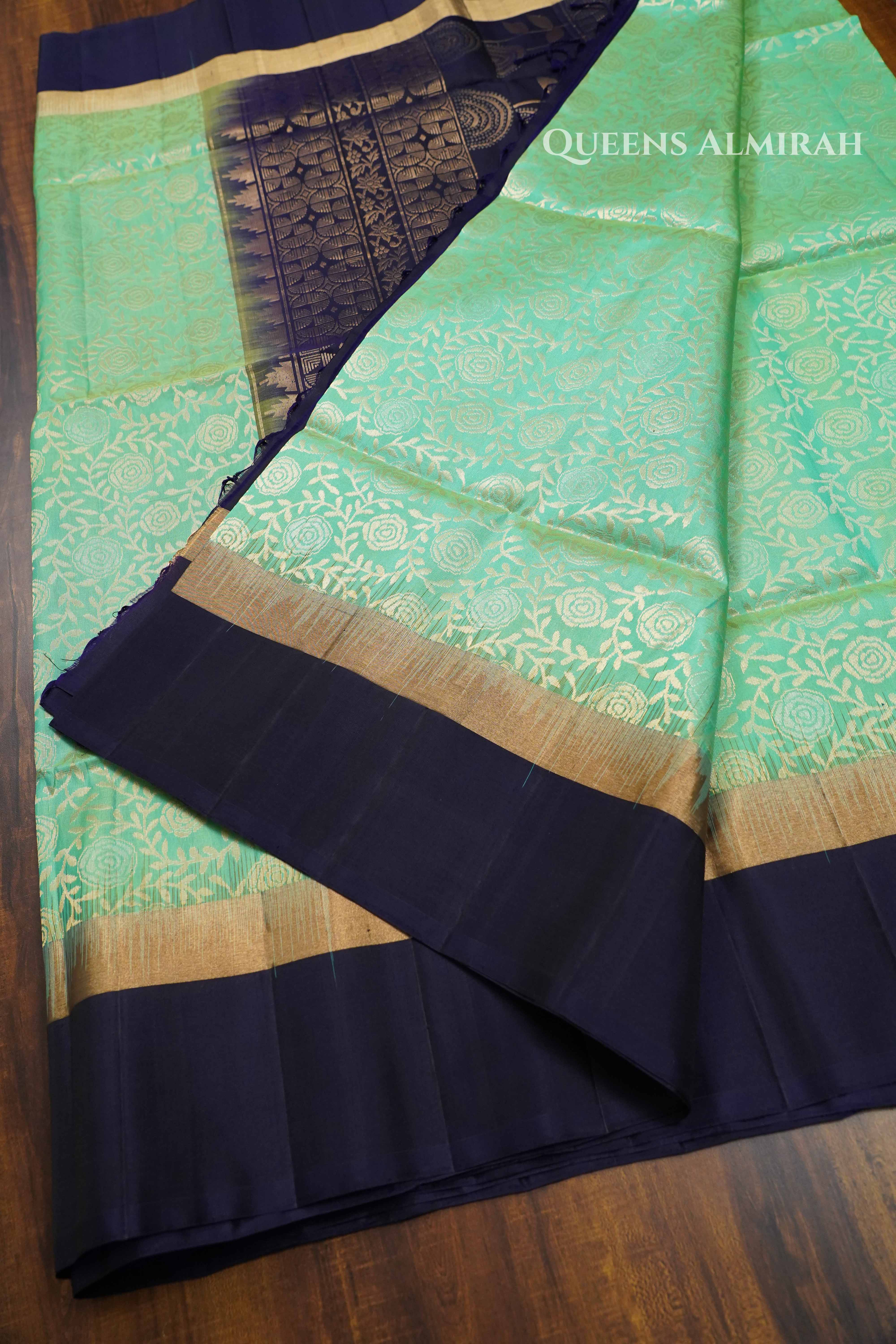 Mint Green With  navy blue Pure Soft Silk Saree QUEENS ALMIRAH