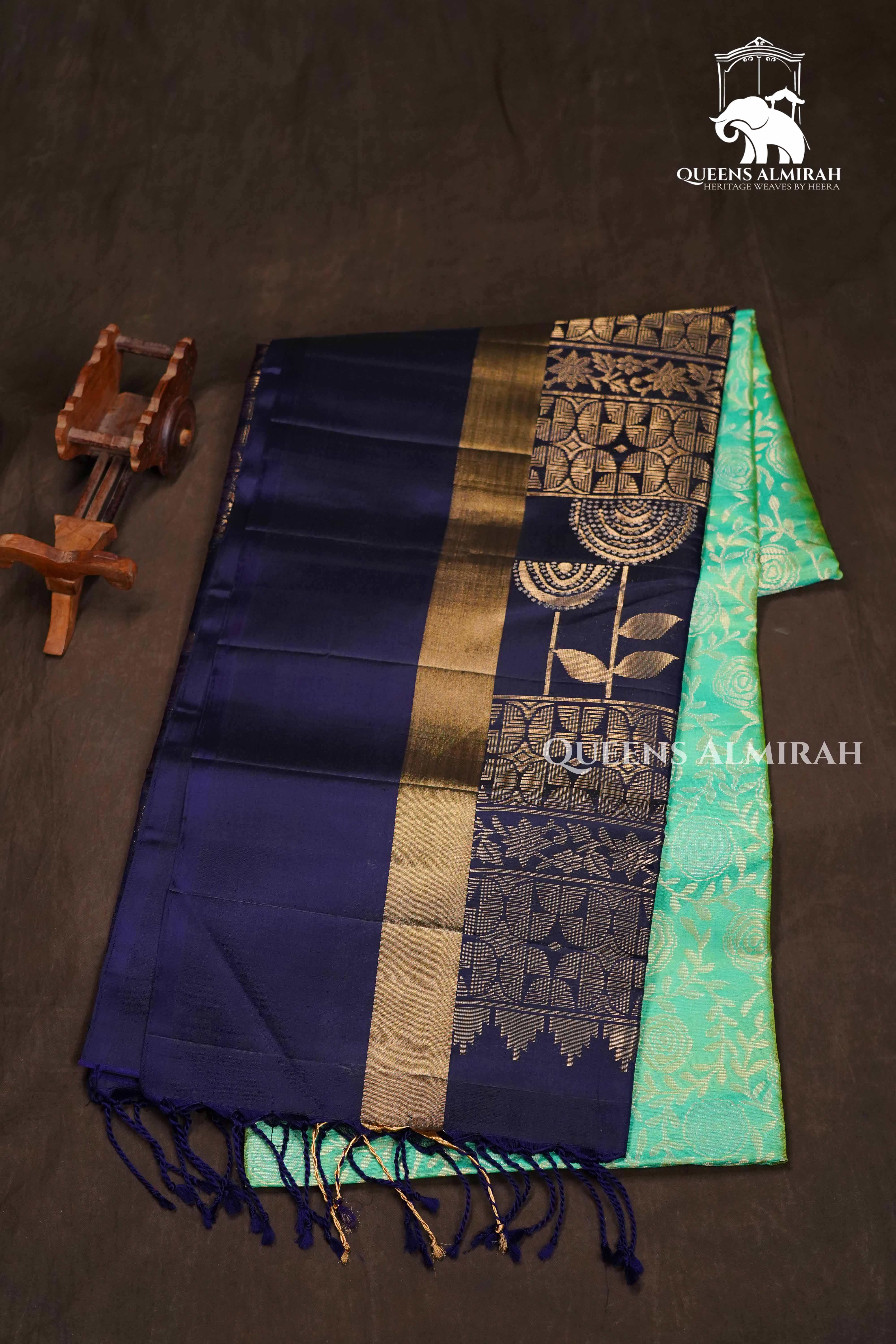 Mint Green With  navy blue Pure Soft Silk Saree QUEENS ALMIRAH