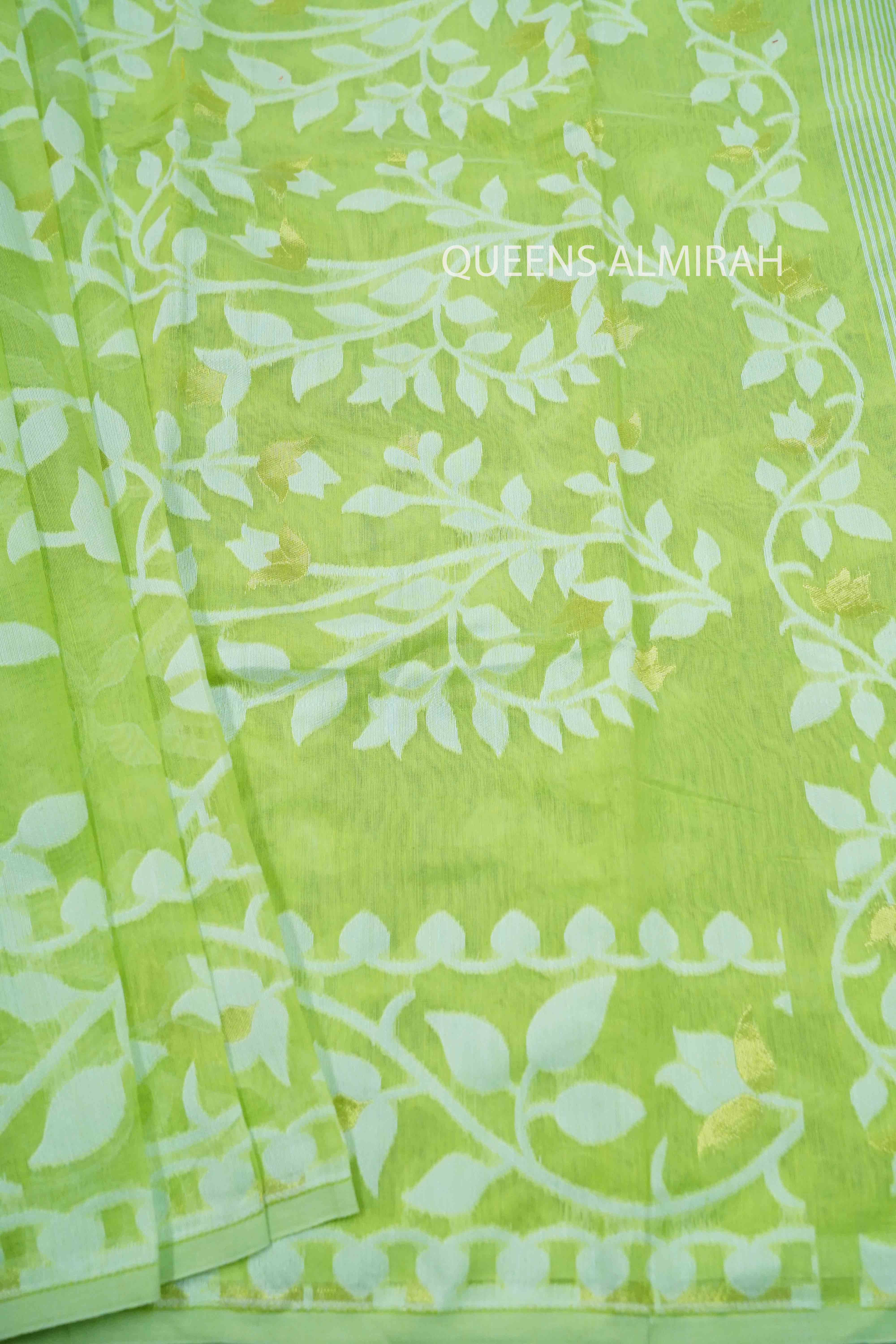 NASTY GREEN JAMDANI COTTON SAREE - Queens Jewel Emporium